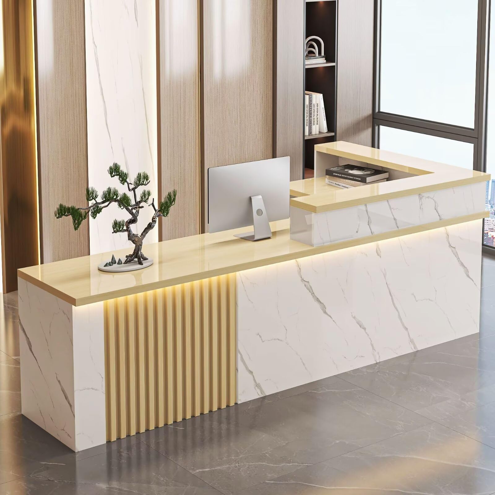 Modern Reception Desk with Counter - L-Shaped Front Desk with Lockable Drawer & Cabinet (79 Inch/200CM) - Perfect for Office Lobby, Hotel Reception & Retail Checkout Counter