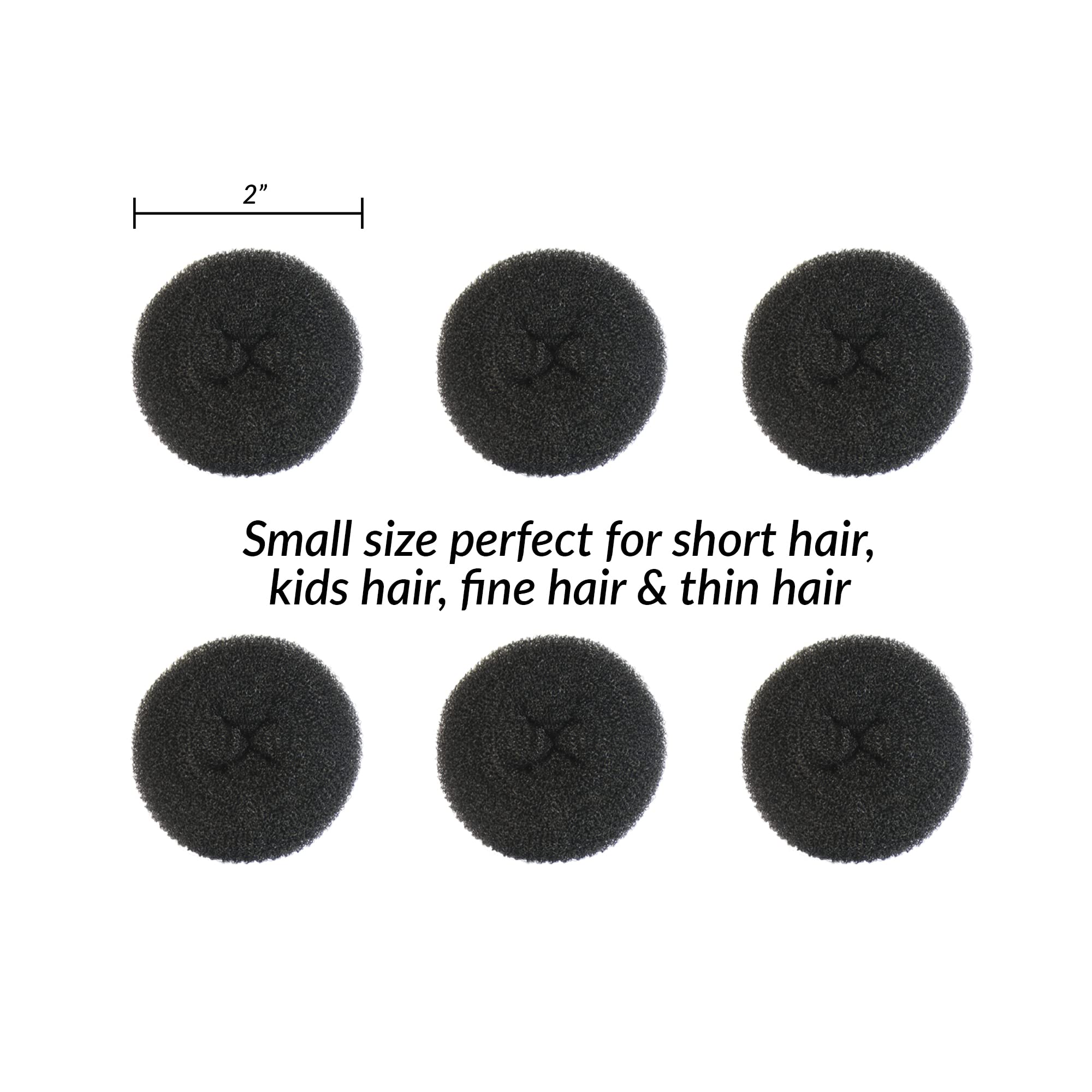 Styla Hair Small Bun Maker for Kids - 6pc Black 2 Inch Hair Donut for Ballet, Dance & Sock Buns | Easy DIY Hairstyles for School, Performances & Everyday Wear