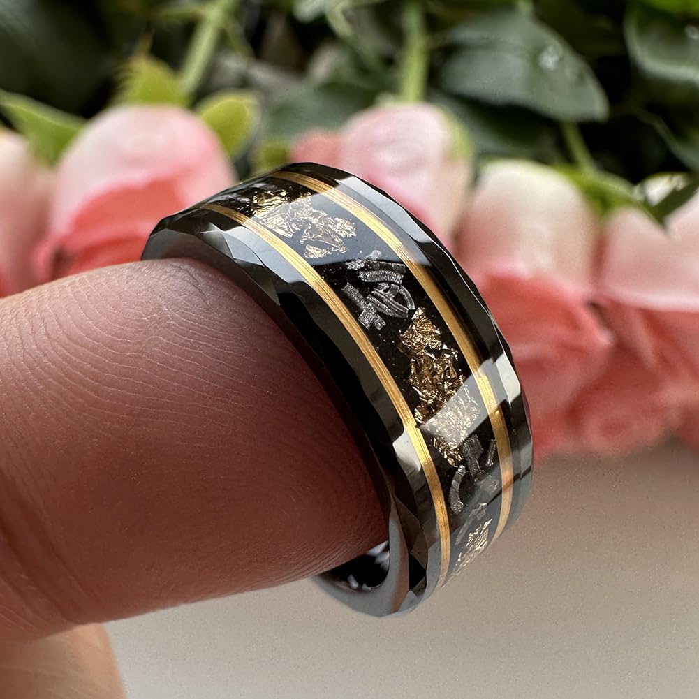8mm Silver Black Gold Tungsten Rings for Men & Women - Meteorite Chips, Gold Foil & Galaxy Opal Inlay - Comfort Fit Wedding Band, Engagement & Promise Ring - Perfect for Anniversaries, Proposals & Everyday Wear