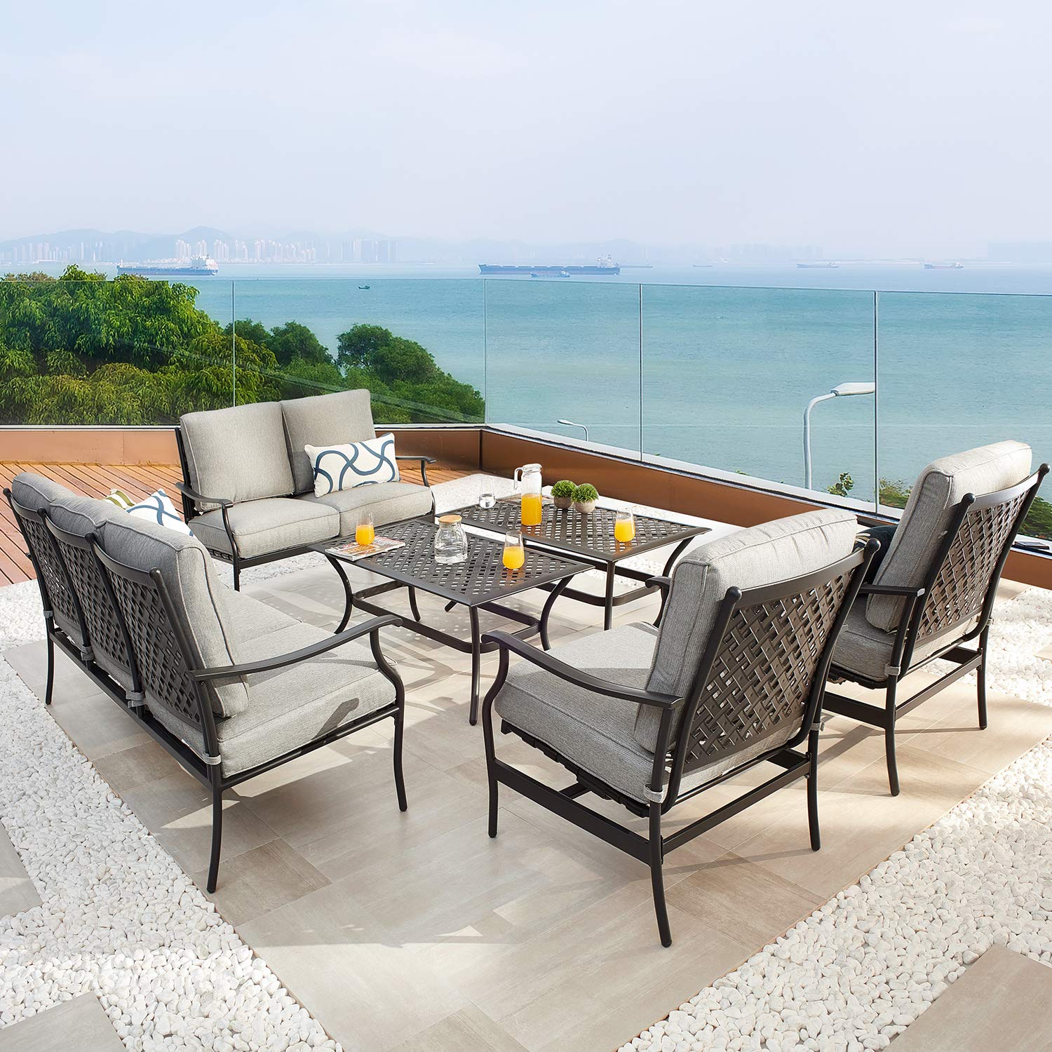 PatioFestival 6-Piece Metal Outdoor Conversation Set with Grey Thick Cushions - Durable Patio Furniture for Garden, Backyard, and Poolside Relaxation
