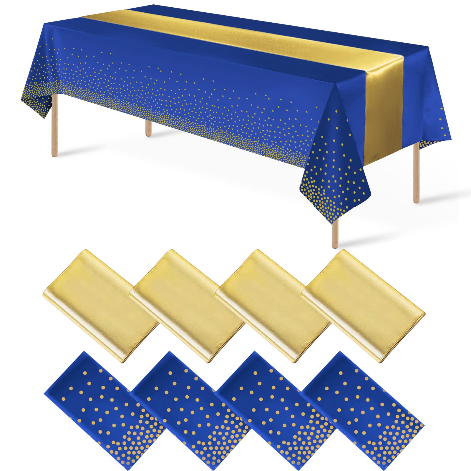 8-Pack Disposable Plastic Tablecloths & Satin Table Runner Set - Blue & Gold Dot Pattern - Perfect for Wedding, Birthday, Baby Shower, Anniversary, Christmas & New Year Party Decorations - Elegant Table Setting for Any Celebration