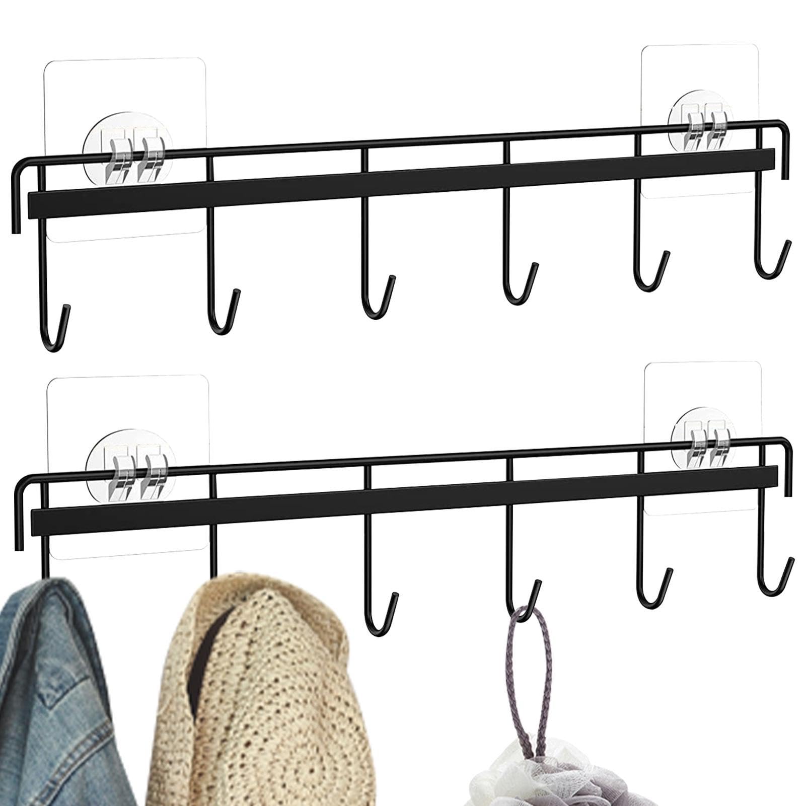 Strong Adhesive Wall Hooks Rack - No Drill Kitchen Utensil Holder with 6 Hooks - Space Saving Wall Mounted Organizer for Spoons, Knives, Towels - Perfect for Small Kitchens, Dorms, RVs & Bathrooms