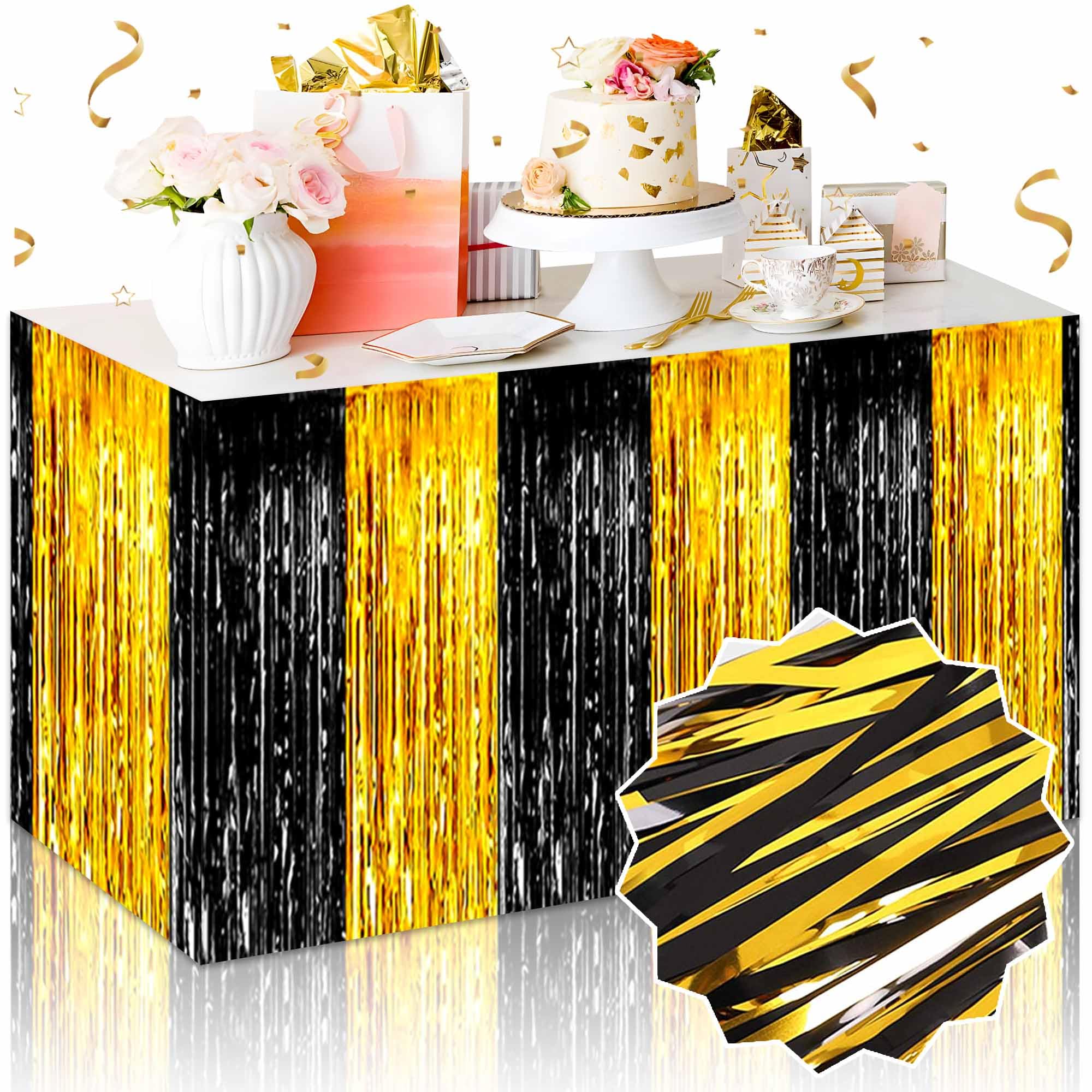 3 Pack Black and Gold Foil Fringe Table Skirts - Metallic Tinsel Streamers Garland Banner Backdrop (29x108 Inch) for Party Decorations, Parade Floats, Birthday, Thanksgiving, Christmas & Halloween Celebrations - Perfect for Table Decor, Photo Booths, Stage Backdrops and Festive Events