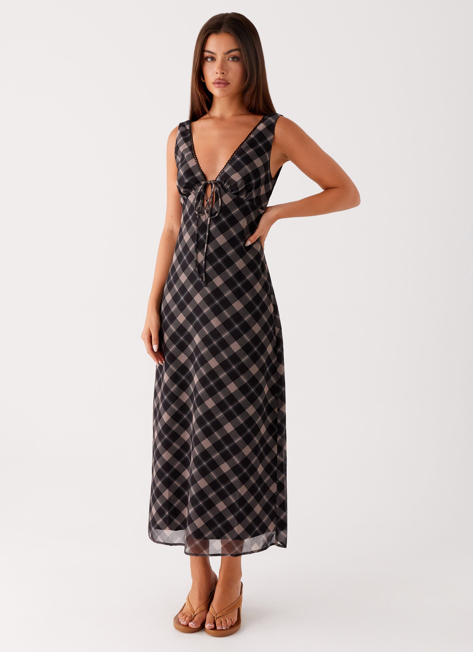 Gianna Midi Dress Women's Casual Check Print A-Line Flowy Dress in Taupe - Perfect for Office, Date Night & Summer Outings