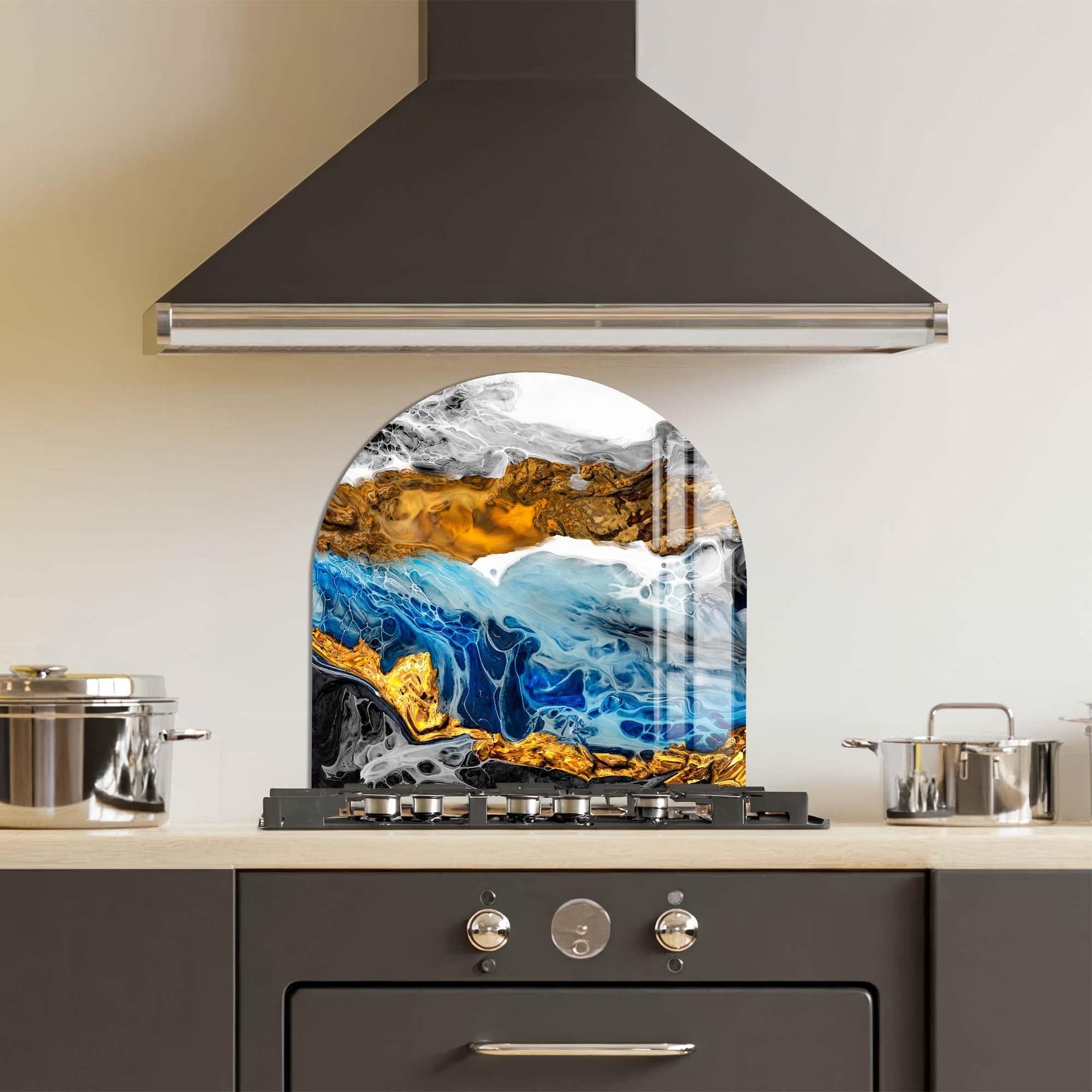 Premium Gold & Blue Marble Glass Splashback - Stylish Kitchen Backsplash for Modern Homes | Perfect for Countertops, Stoves & Cooking Areas