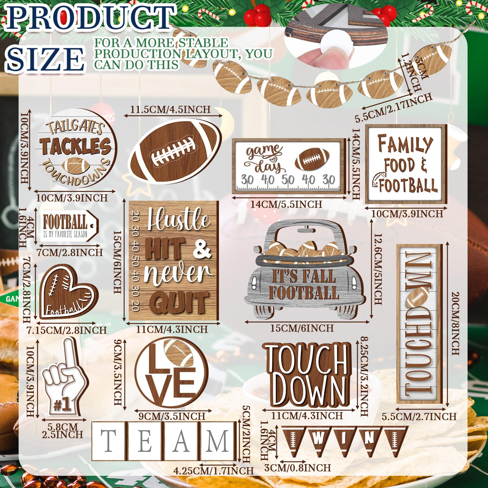 FairySandy 27-Piece Football Themed Tiered Tray Decor Set - Rustic Wooden Football Ornaments for Farmhouse Home Decor, Table Centerpieces - Perfect for Football Fans, Game Day Parties & Sports Club Decorations