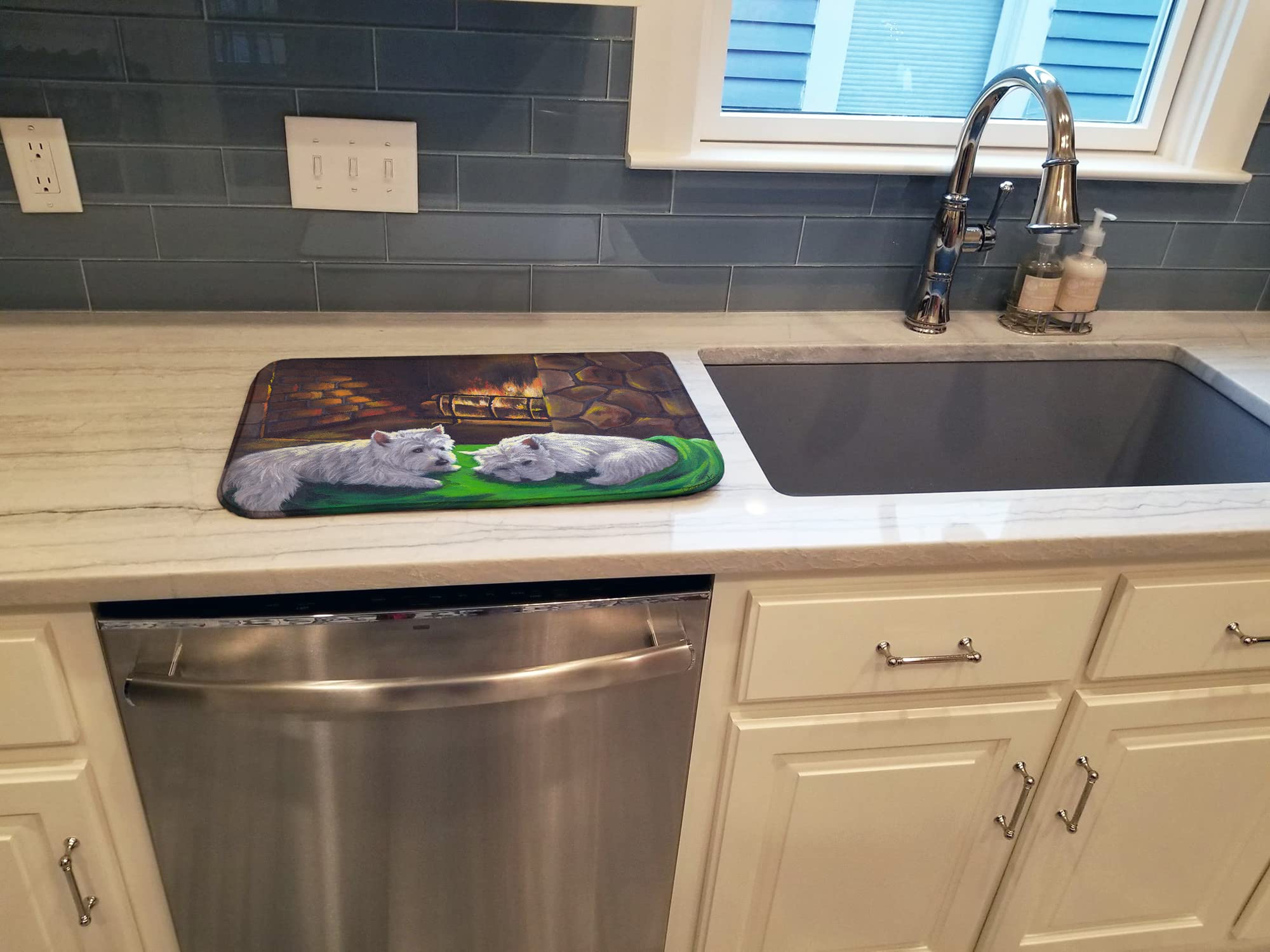 Westie Winter Night Dish Drying Mat - Absorbent Kitchen Counter Pad 14x21