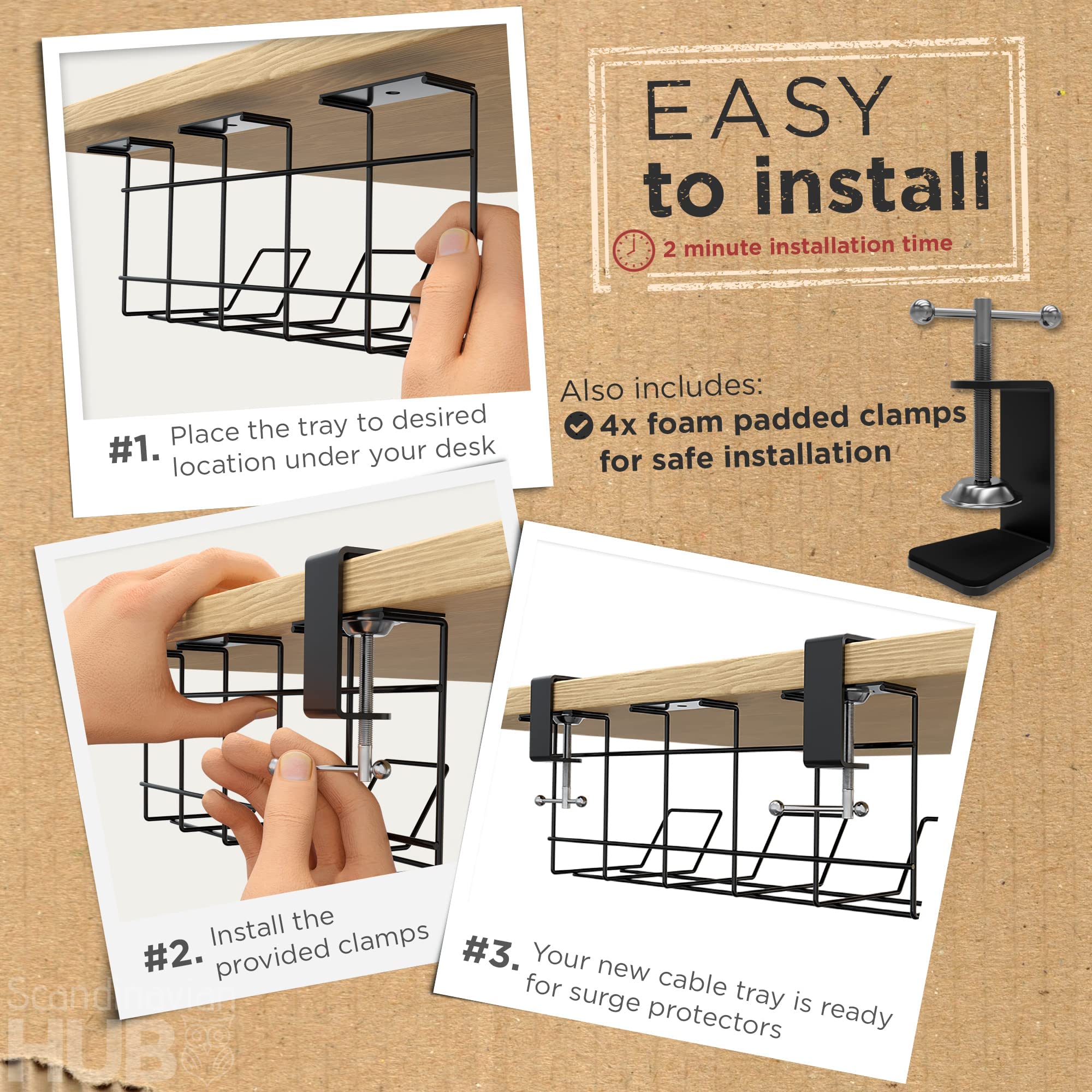 Under Desk Cable Management Tray with Clamps - No Drill Cable Organizer for Home & Office - Set of 2 | Perfect for Computer, TV & Gaming Setup Wire Organization