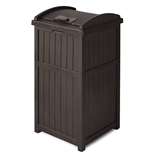 Suncast 33 Gallon Resin Outdoor Trash Can Hideaway with Lid - Durable Brown Garbage Bin for Backyard, Deck, Patio & Garden Waste Disposal | Weather-Resistant & Pest-Proof Design