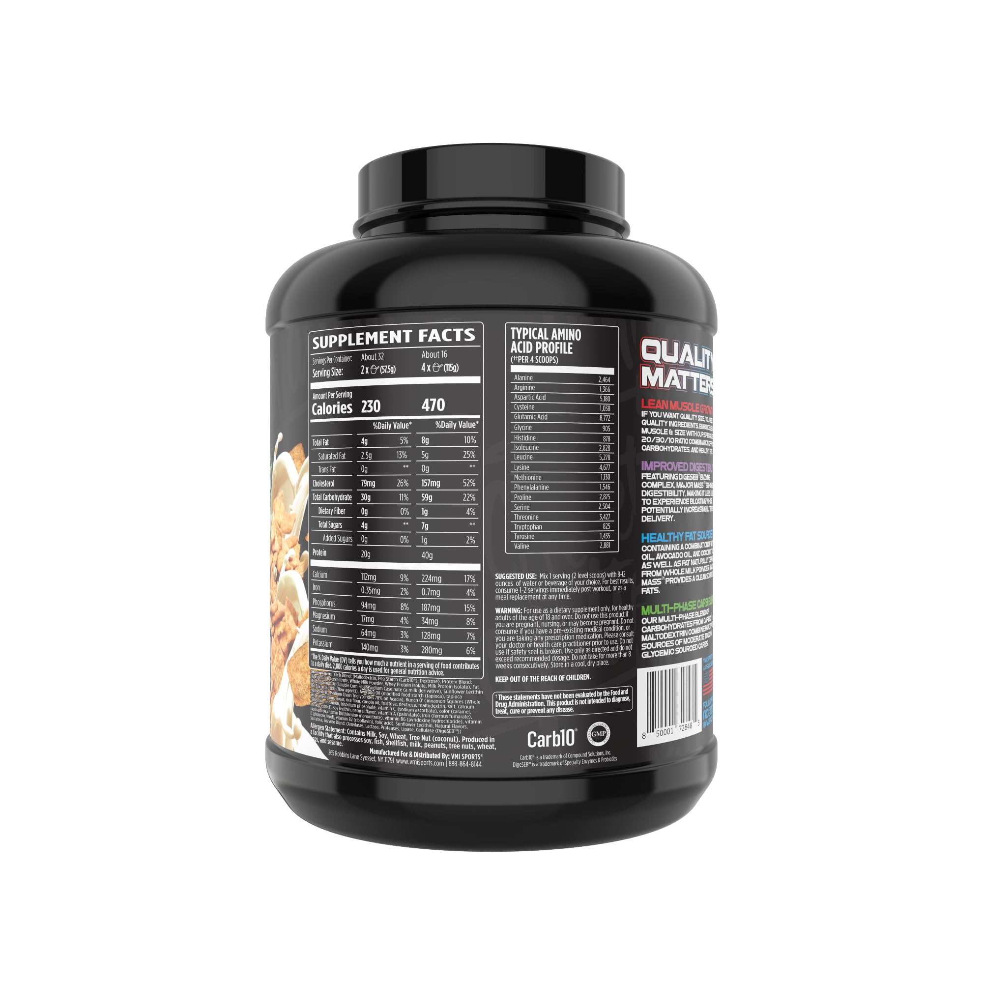 VMI Sports Major Mass Lean Mass Gainer Protein Powder - Muscle Building & Weight Gain Supplement for Men & Women - Cinnamon Crunch Flavor (4 lbs) | Post-Workout Recovery & Bulking Nutrition