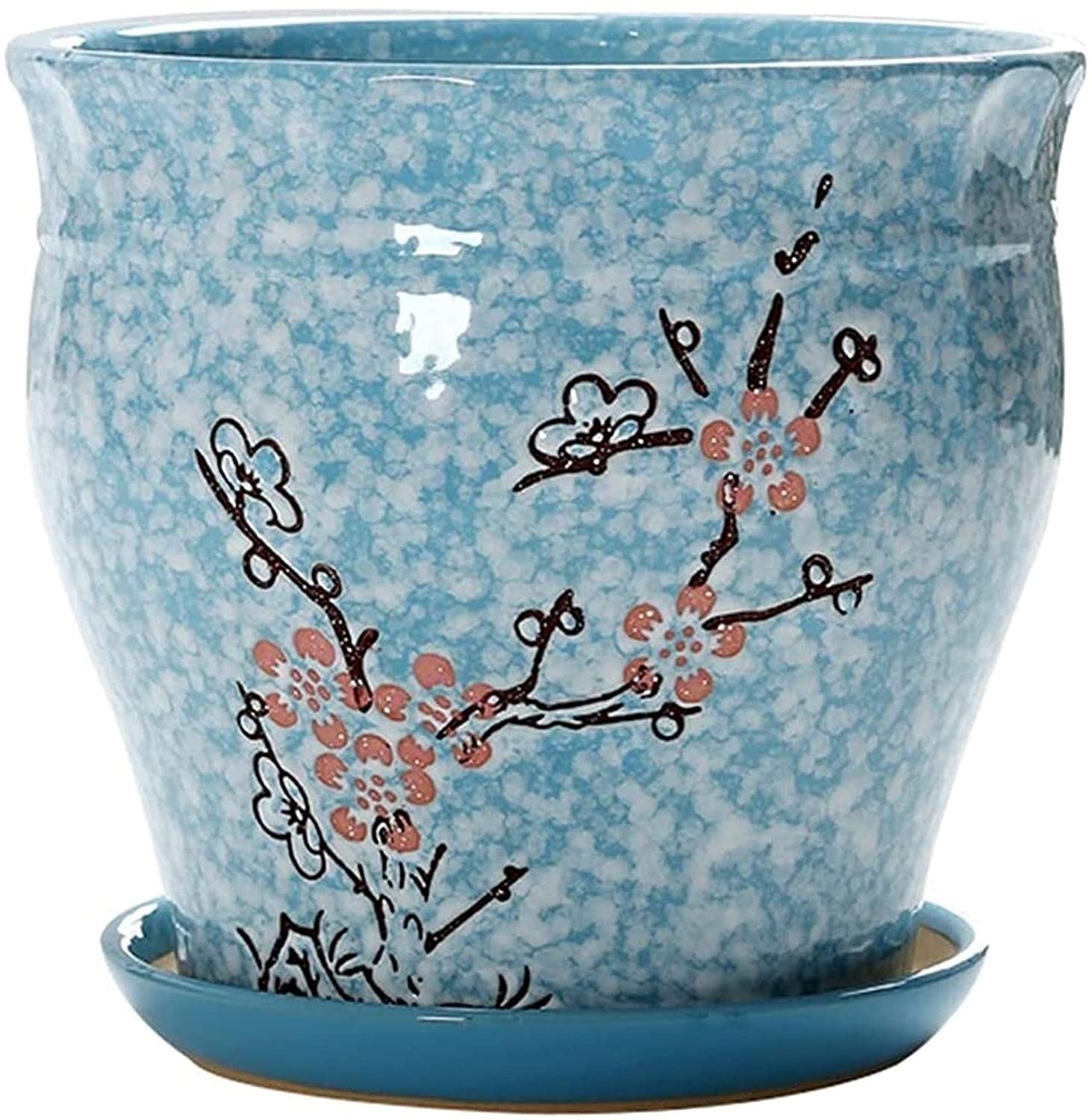 UimimiU Ceramic Flower Pot - Round Plum Pattern Planter with Drainage Hole & Tray for Bonsai, Indoor Plants, Home & Balcony Decor | Perfect for Succulents, Herbs & Small Houseplants