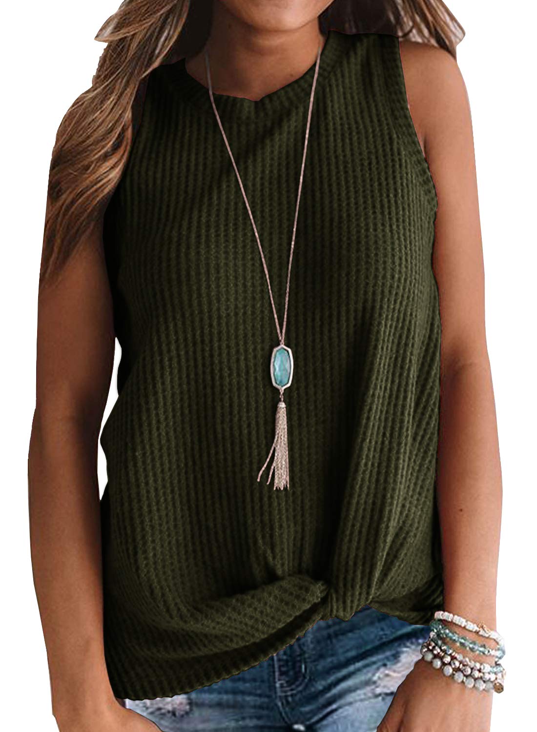 IWOLLENCE Women's Waffle Knit Tank Top - Casual Sleeveless Blouse with Twist Knot Detail | Perfect for Summer Outfits, Beach Wear & Casual Date Nights