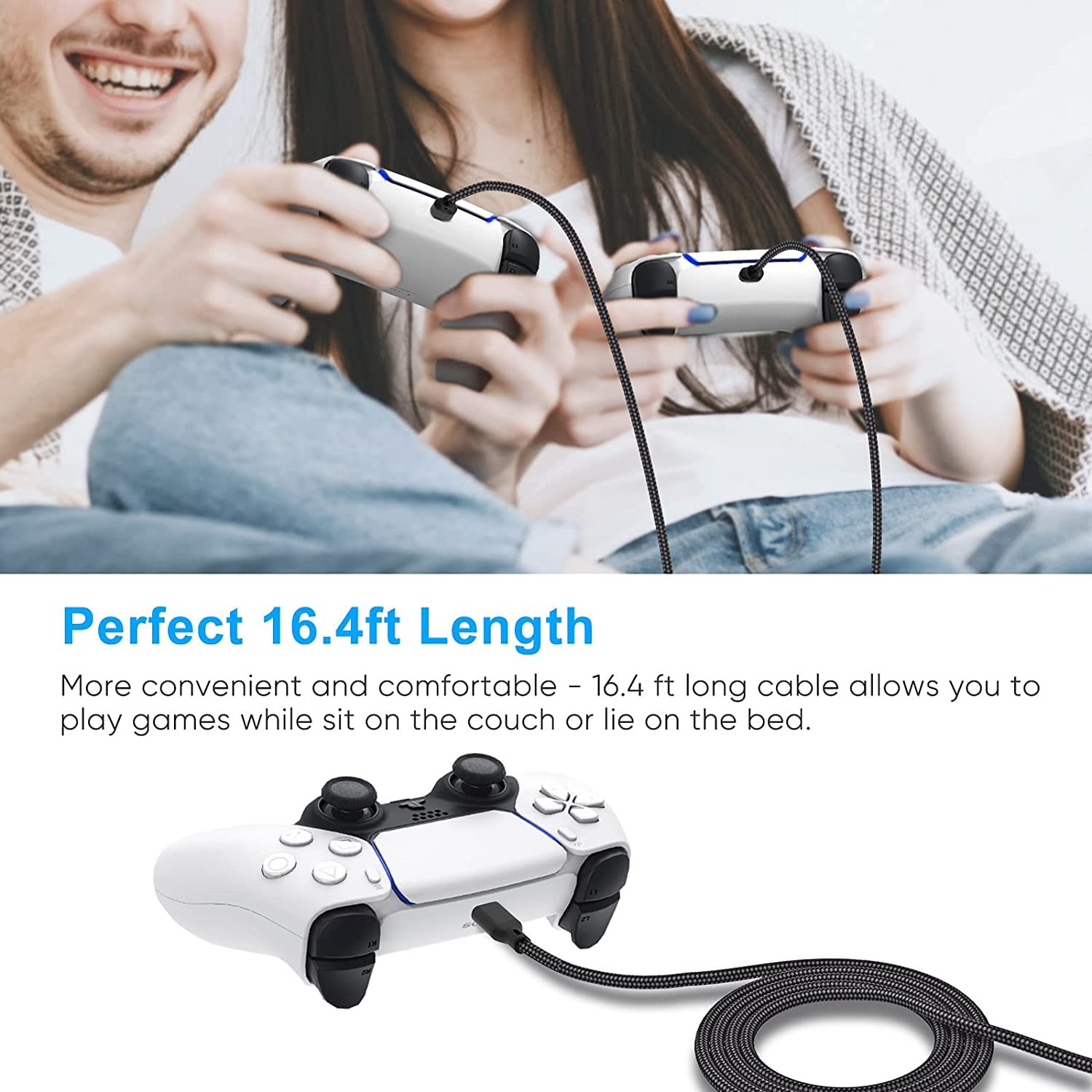 3-Pack 10FT Nylon Braided USB-C Charger Cable - Fast Charging Cord for Samsung Galaxy S10/S9/S8/S20 Plus/A51/A12/A11, Note 10/9/8, PS5 Controller, Xbox Series X/S Controller - Durable & Tangle-Free (White, Red, Blue) | Perfect for Gaming, Travel & Home Charging