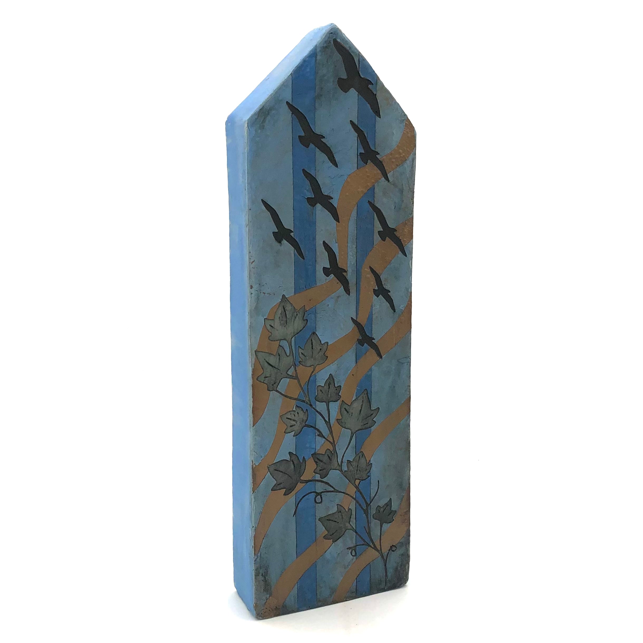 Cathy Broski Ceramic Wall Hanging Decor - Tall Peaked Design with Leaves, Birds & Waves - Perfect for Boho Home Decor, Living Room & Bedroom Wall Art