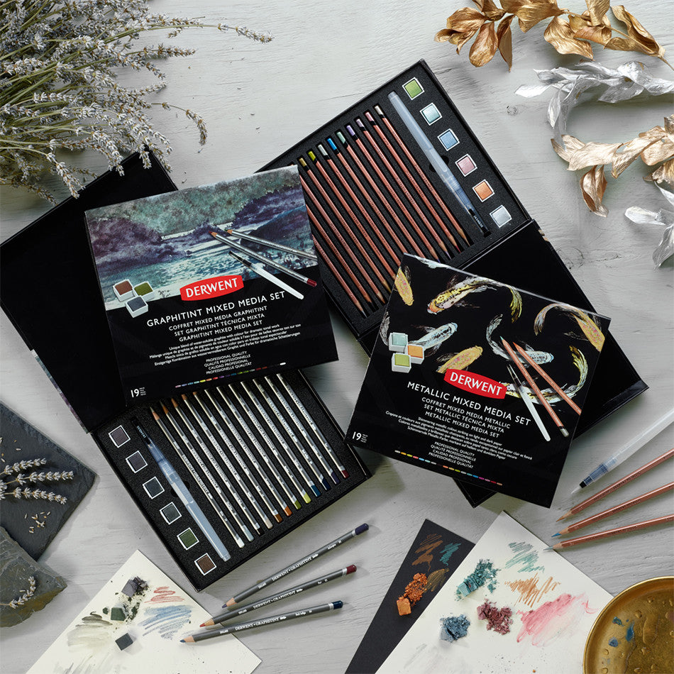 Derwent Metallic Mixed Media Pencils Set - 12 Vibrant Colors for Art, Drawing & Crafting - Perfect for Sketching, Scrapbooking & DIY Projects