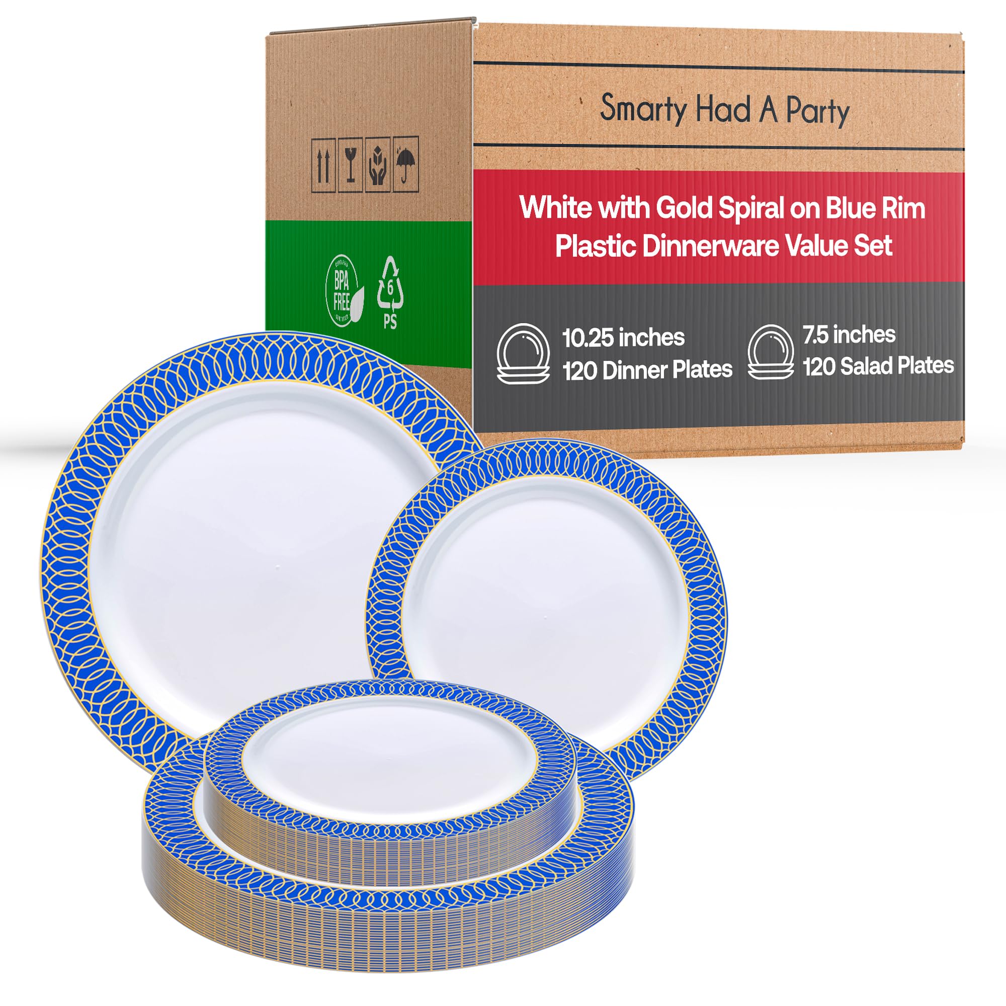 Premium 240-Count Disposable Plastic Plates Set - 120 Heavy Duty Blue & Gold Rimmed Dinner Plates + 120 Elegant Dessert Plates - Perfect for Weddings, Birthdays, Parties & Special Occasions - Ideal for Catering, BBQs, Picnics & Formal Events