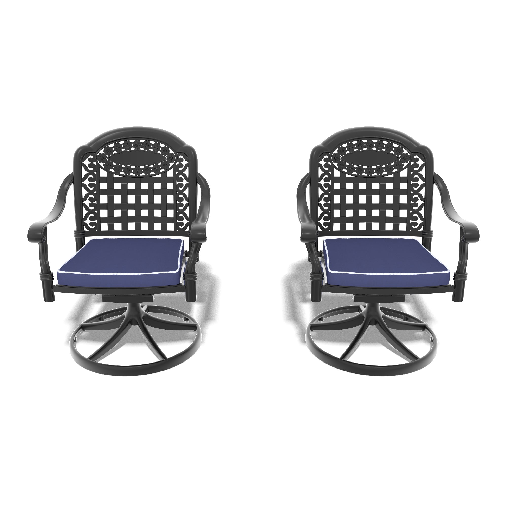 2-Piece Cast Aluminum Patio Swivel Chairs with Black Frame & Cushions - Outdoor Garden, Poolside, Deck Furniture Set for Relaxing & Entertaining