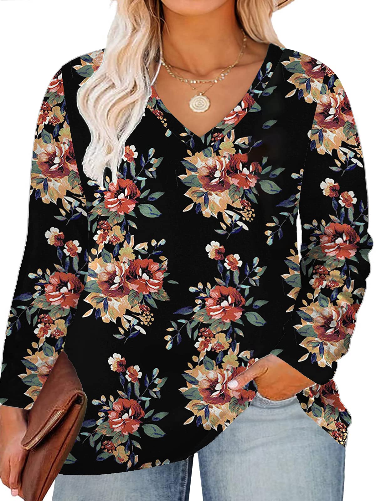 ROSRISS Women's Plus Size Long Sleeve V-Neck Tunic Tops - Solid Color Blouses & Casual Tees for Work, Date Night & Everyday Wear