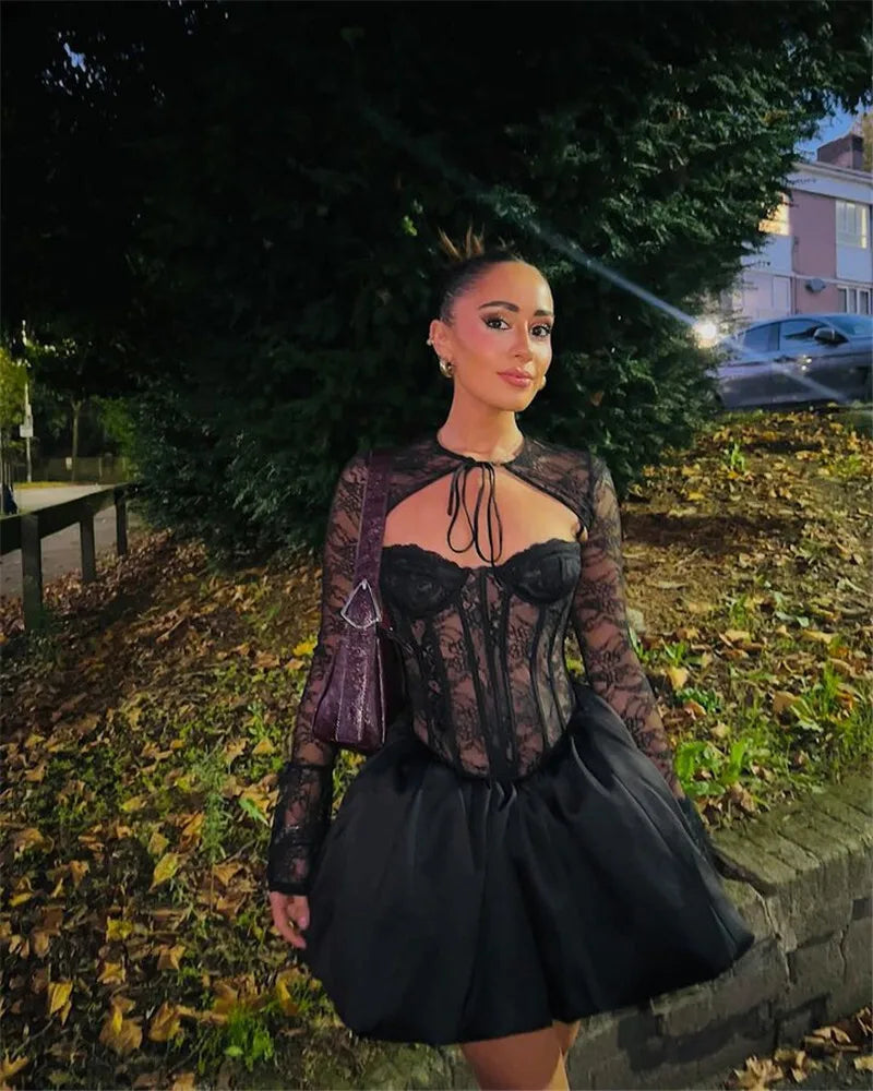 Sexy Black Lace Puffball Mini Dress for Women - Long Flare Sleeve Sheer Club Party Dress with Lace Up & High Waist | Perfect for Night Out, Date Night, and Special Occasions