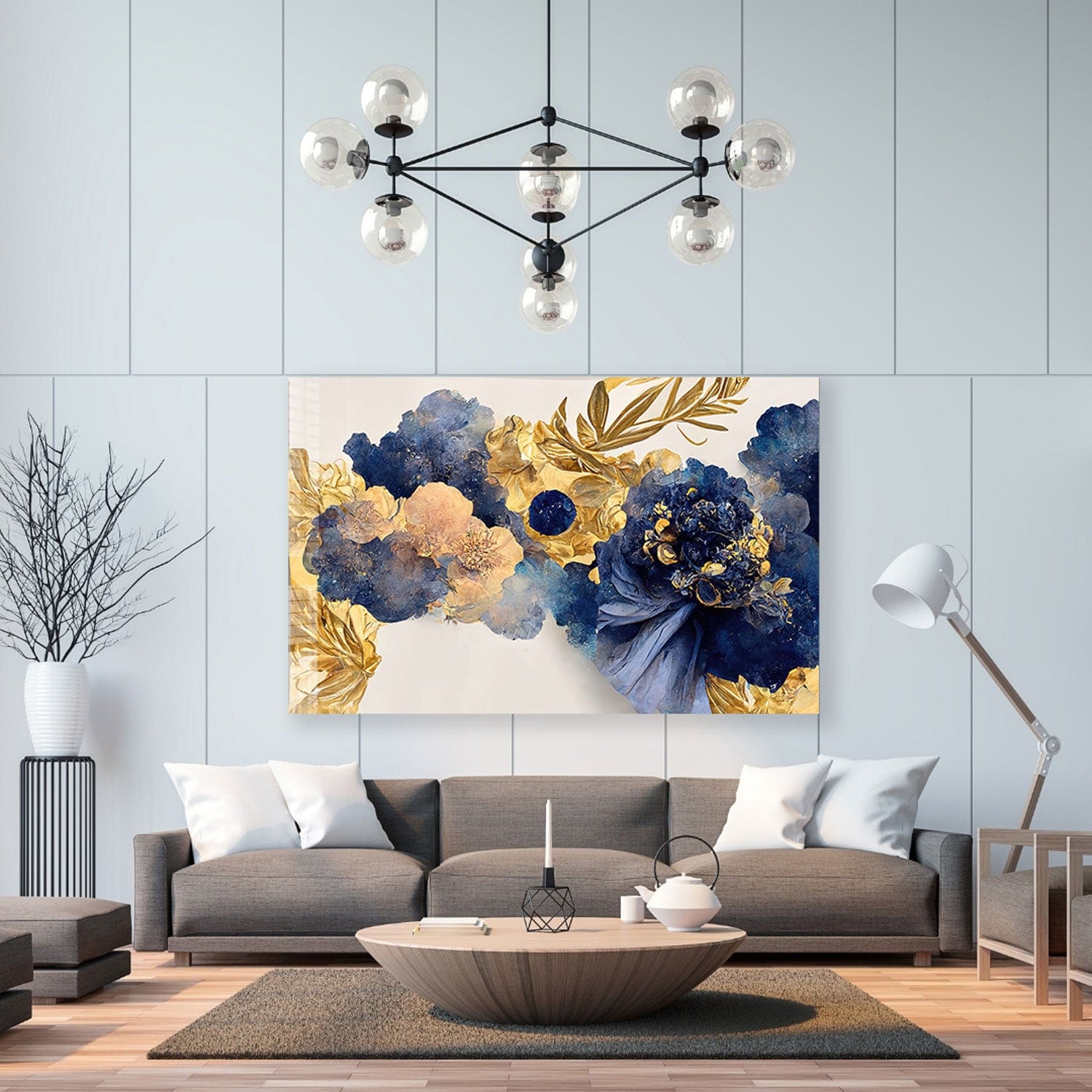 Yellow Blue Floral Tempered Glass Wall Art - Modern Home Decor for Living Room, Bedroom & Office - Shatterproof Glass Painting for Stylish Interior Design