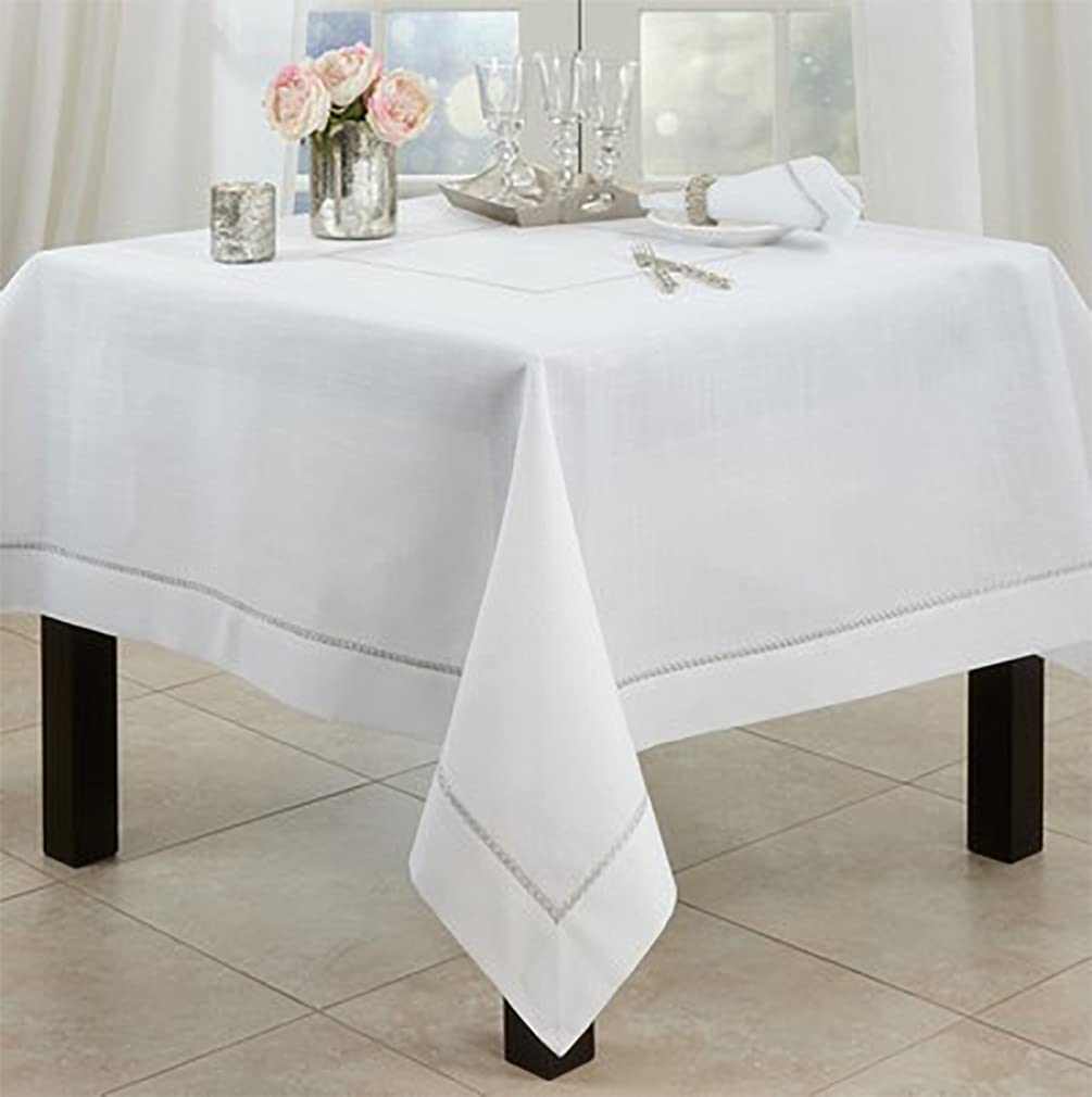 Fennco Styles Silver Embroidered Metallic Border Tablecloth 65
