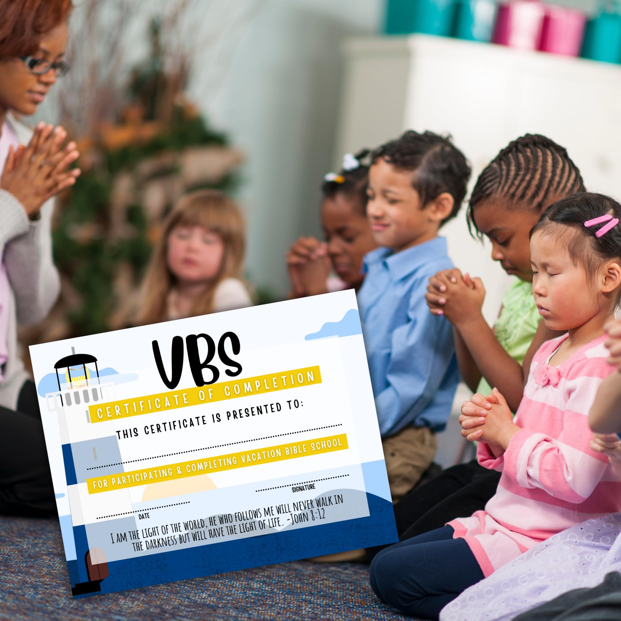 Vacation Bible School VBS Certificate of Completion Award - Pack of 50 | 8.5x11 Inch Lighthouse Bible Verse Beach Ocean Themed Participation Certificates for Kids Sunday School, Summer Camp & Christian Education Programs