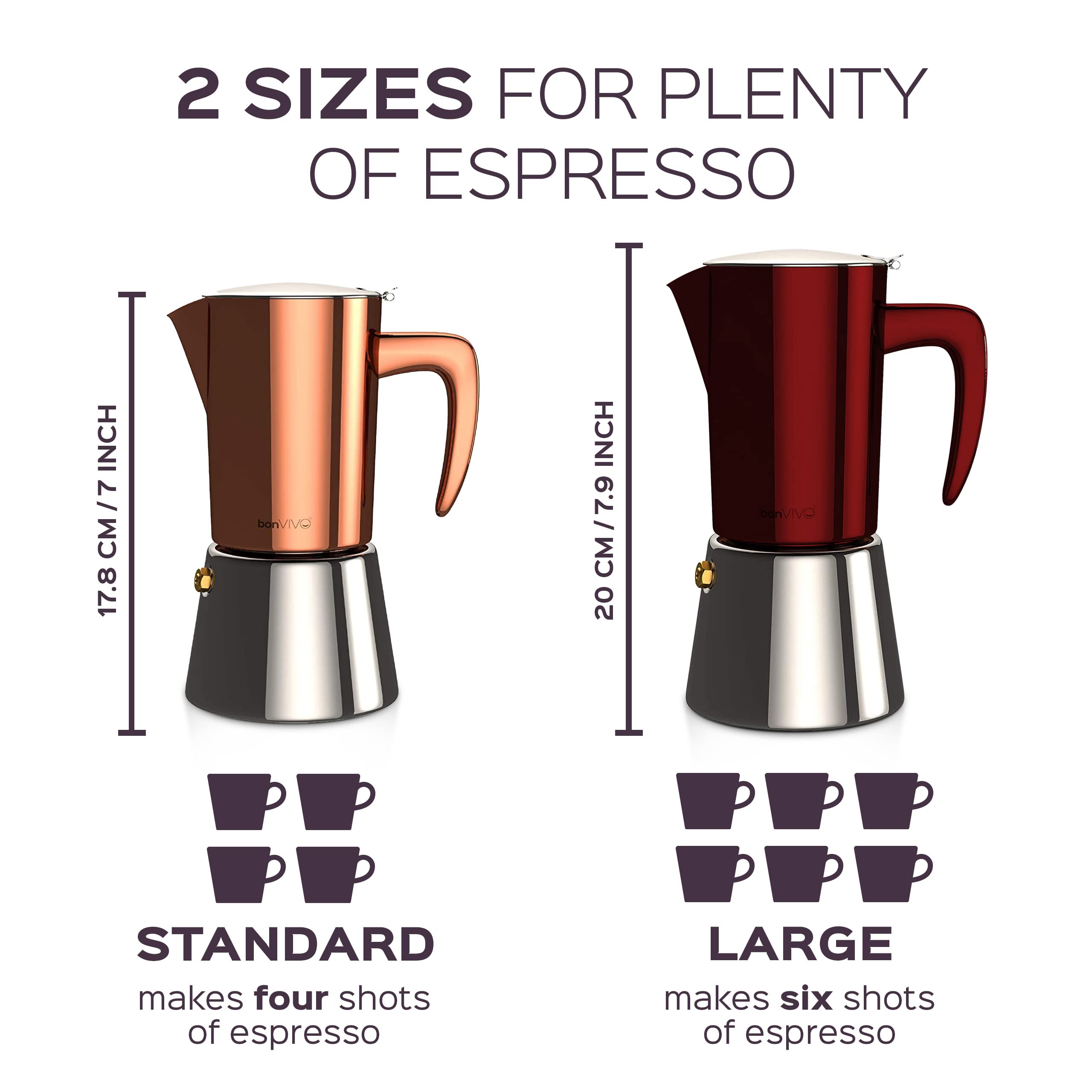 bonVIVO Intenca Stovetop Espresso Maker - Premium Italian Moka Pot for Rich Coffee, 10 oz Stainless Steel Espresso Machine (5-6 Cups) with Red Finish - Perfect for Home Brewing, Camping & Gifts