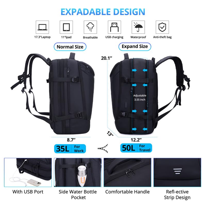 **50L Expandable Travel Backpack for Men - Water Resistant Carry-On Backpack with USB Charging Port & 17.3