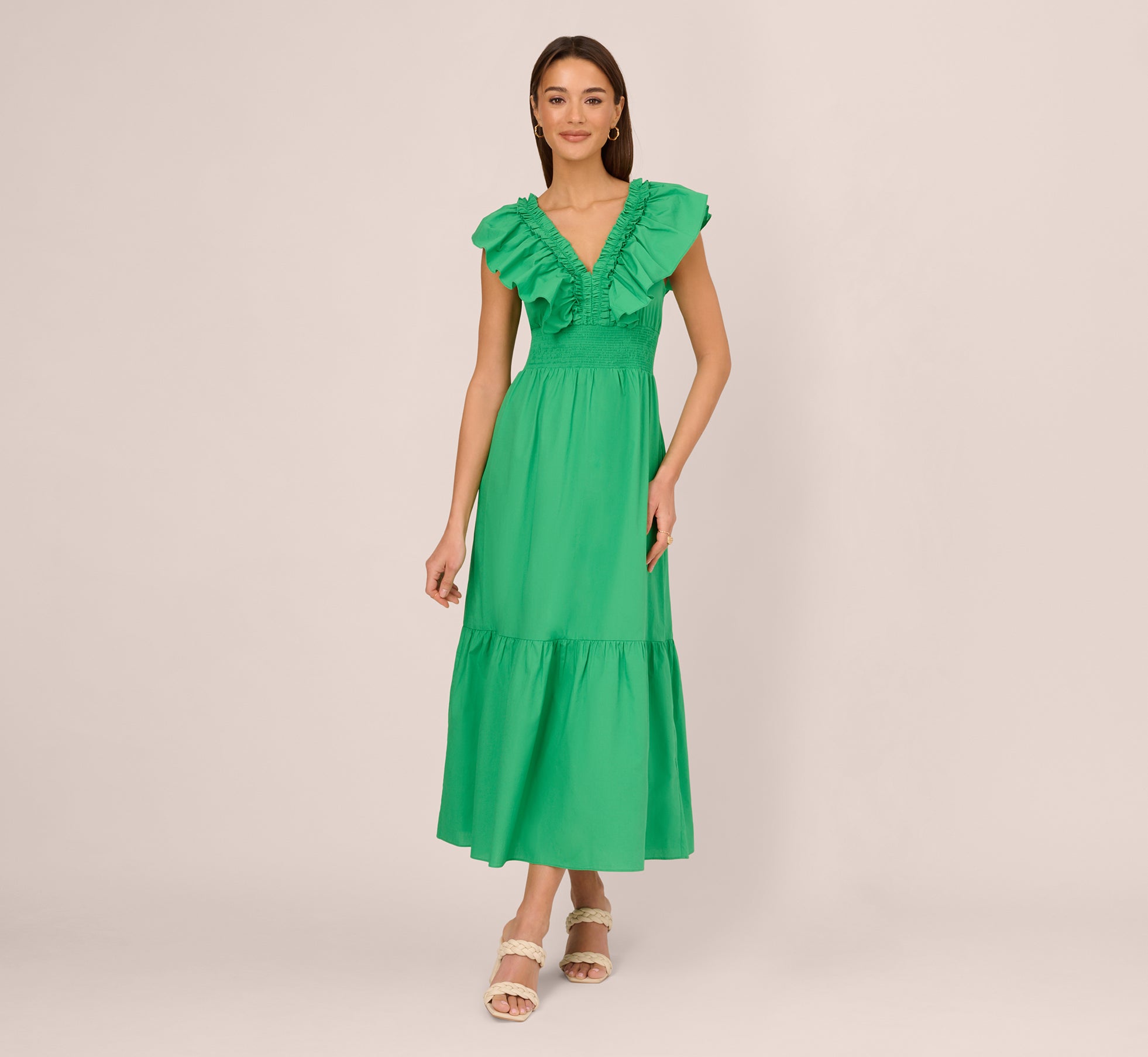 Elegant Green Ruffled Maxi Dress with Shirred Details - Perfect for Summer Weddings, Beach Vacations & Casual Outings