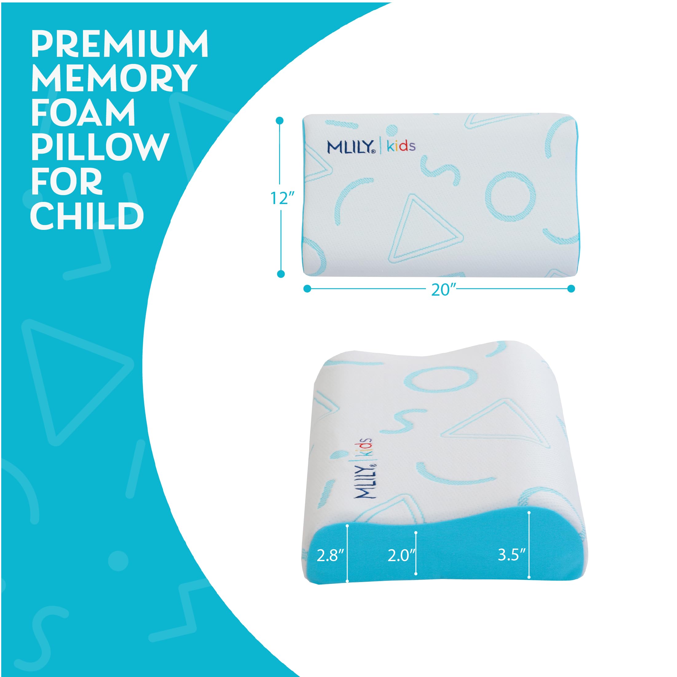MLILY Kids Memory Foam Pillow - Adjustable Cooling Pillow for Boys & Girls (12x20 Inch, Blue) | CertiPUR-US Certified | Breathable Bed Pillow for Better Sleep | Perfect for Toddlers, Travel & Home Use