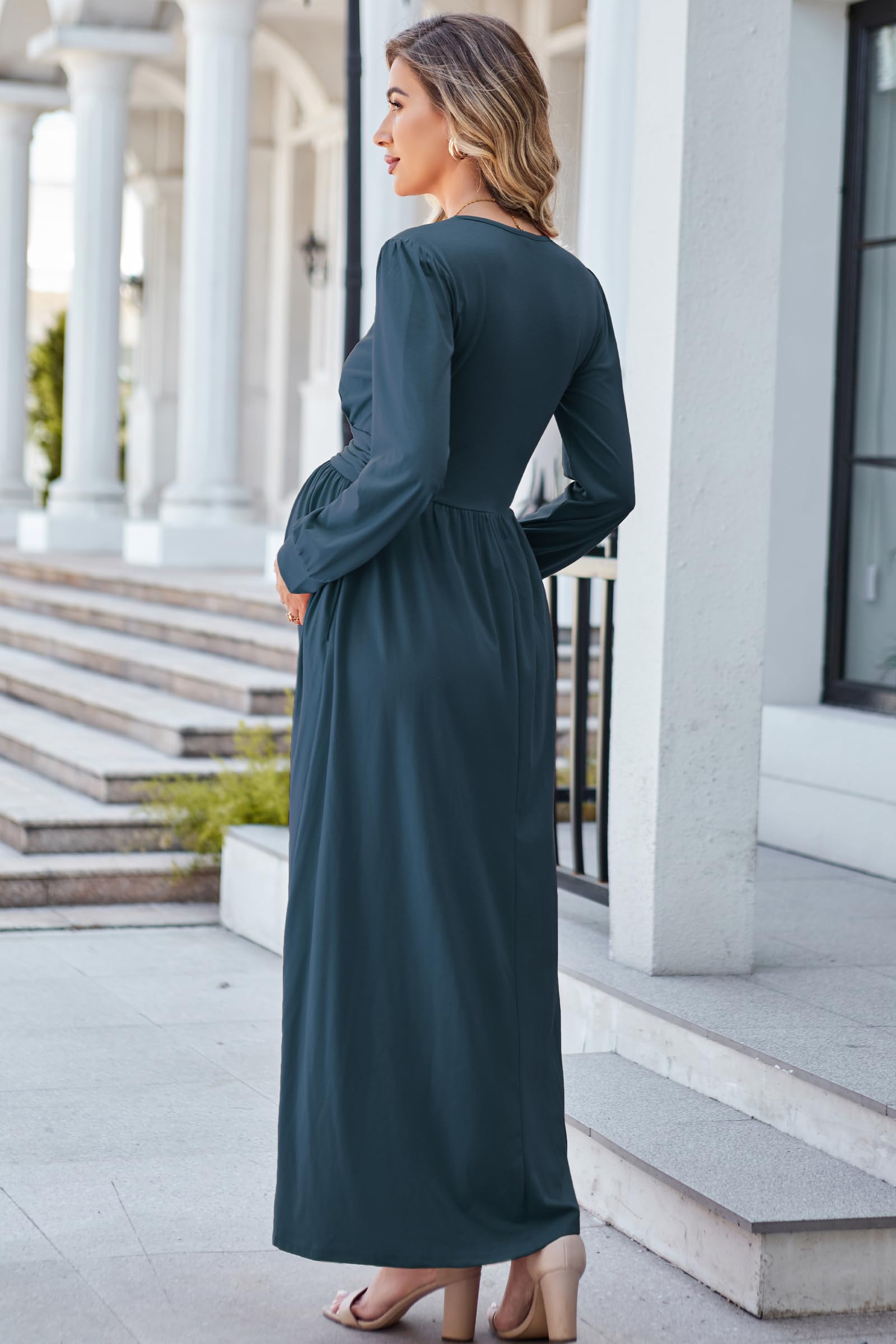 OUGES Maternity Maxi Dress - Long Sleeve Wrap V-Neck Pregnancy Gown for Baby Shower, Photoshoot & Fall Season | Comfortable Maternity Clothes for Pregnancy & Special Occasions