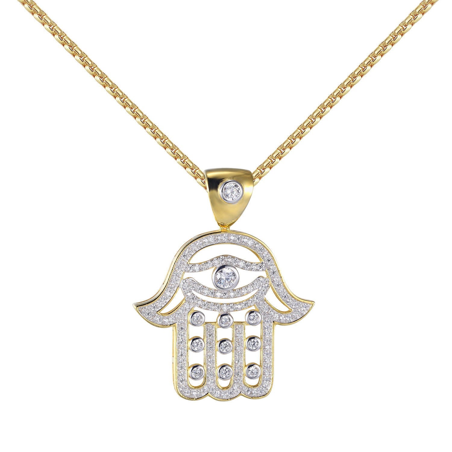 Hamsa Hand Pendant Necklace - 14k Gold Plated Sterling Silver with Lab Diamonds & Box Chain | Spiritual Jewelry for Protection, Good Luck & Positive Energy | Perfect for Gifts, Meditation & Everyday Wear