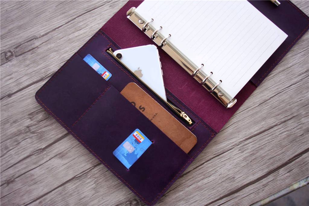 Personalized Refillable Purple Leather 6-Ring Binder Notebook - Customizable Planner for School, Office & Business Organization