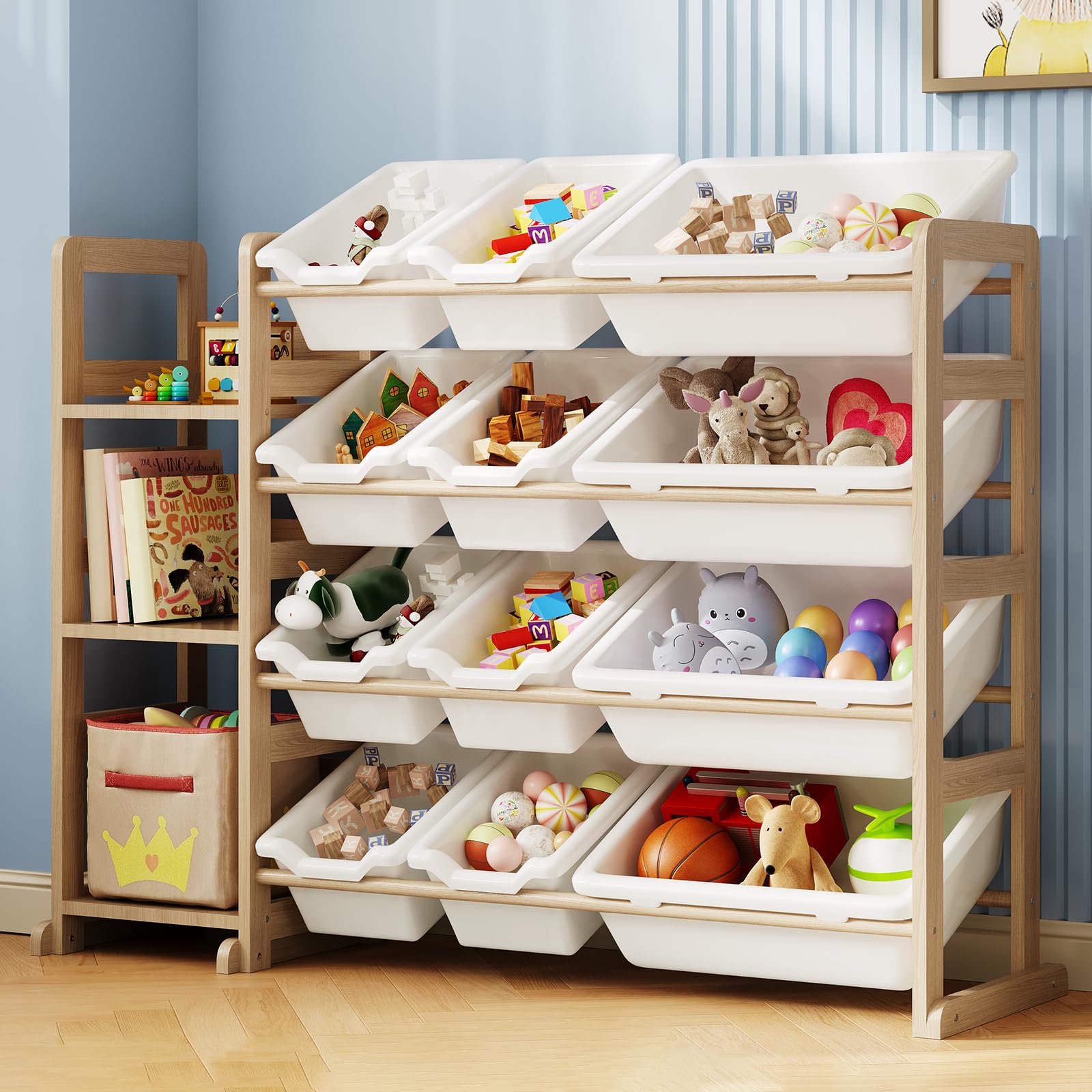 **3-Shelf Toy Storage Organizer with 12 Bins & Bookshelf - Kids Room, Playroom, Bedroom & Nursery Organization - White**    *(Perfect for organizing toys, books, and essentials in children's rooms, playrooms, and nurseries.)*