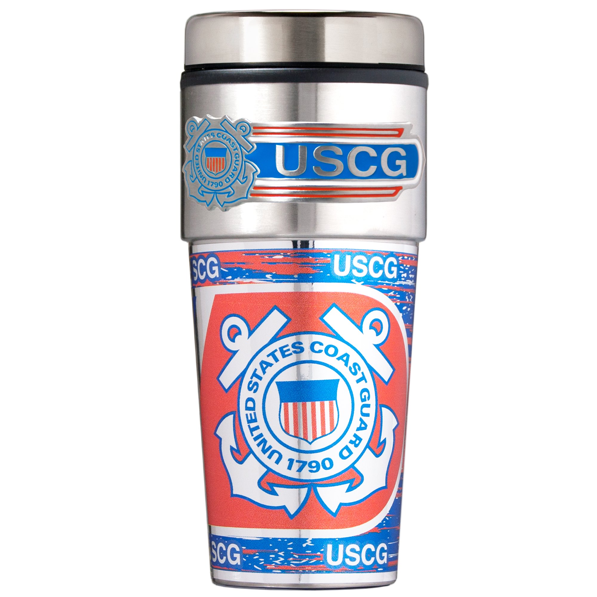 16 oz American Military Travel Tumbler with Metallic Wrap & Metal Logo - Insulated Stainless Steel Coffee Mug for Camping, Hiking & Outdoor Adventures