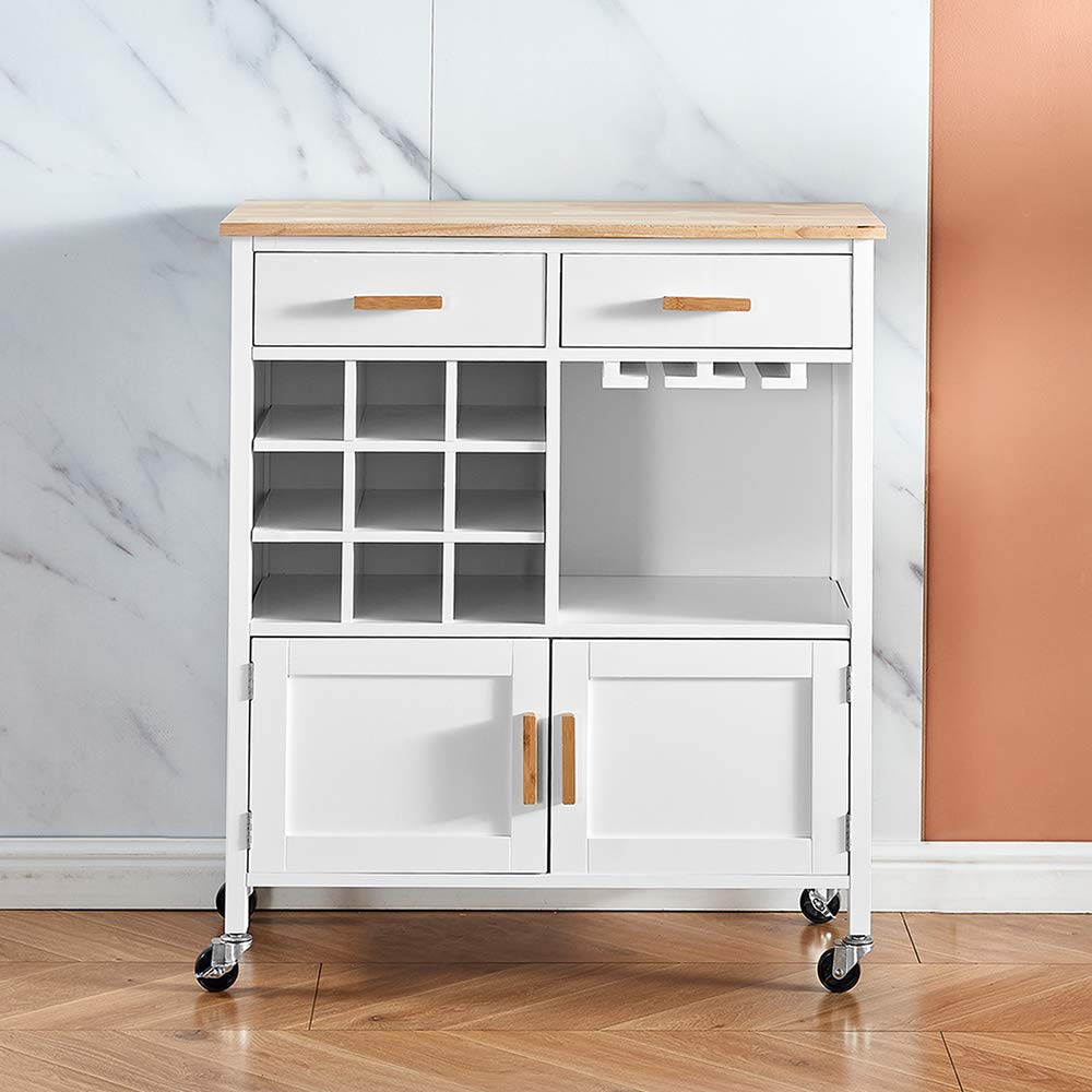 Menaka 30-Inch White Kitchen Island Cart with 2 Doors, Drawers & Wine Rack - Mobile Buffet Sideboard with Wheels for Small Spaces | Perfect for Dining Room Storage, Kitchen Organization & Entertaining
