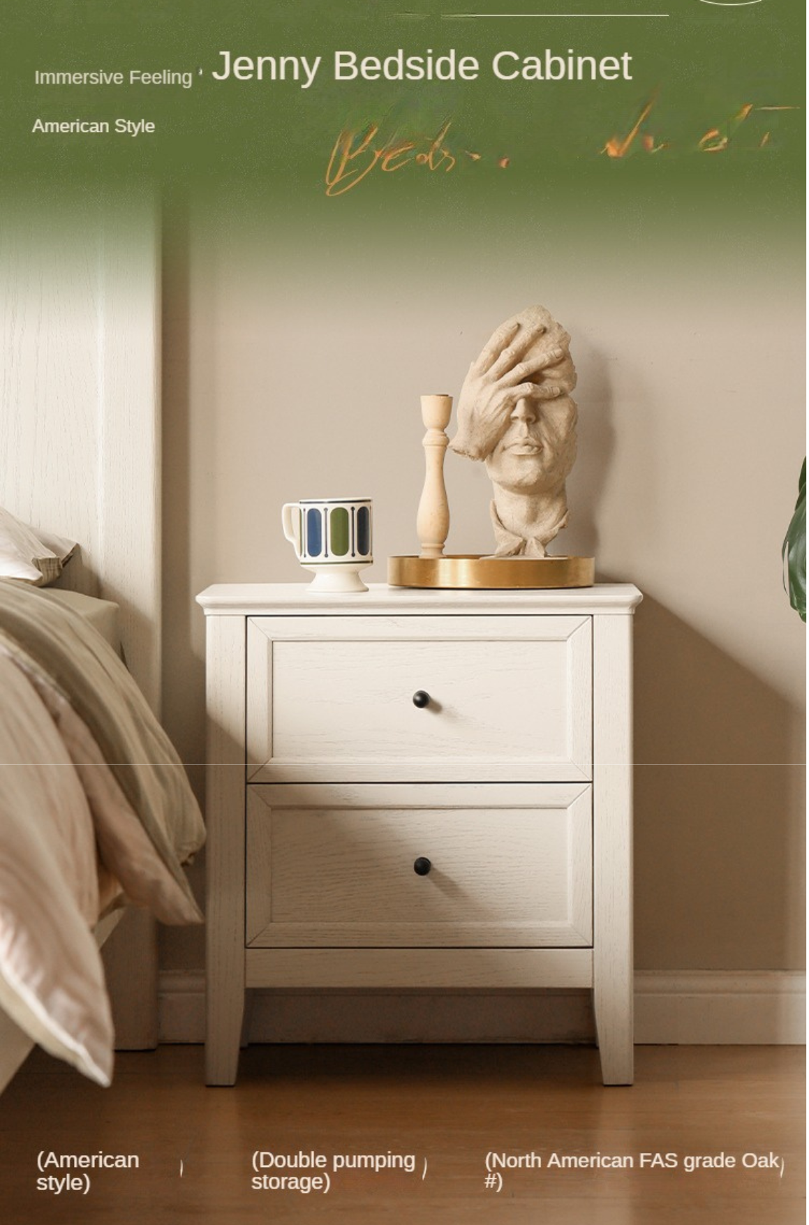 Solid Oak Wood Nightstand - Cream Finish, American Style Bedside Table for Bedroom Decor & Storage