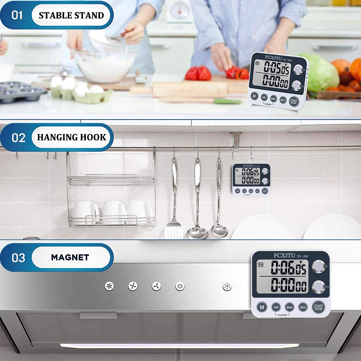Digital Dual Kitchen Timer with Magnetic Back & Memory Presets - 2 Group Countdown/Up Stopwatch, 3-Level Volume + LED Alert - Perfect for Cooking, Baking, Meal Prep & Home Kitchen Use (Battery Included)