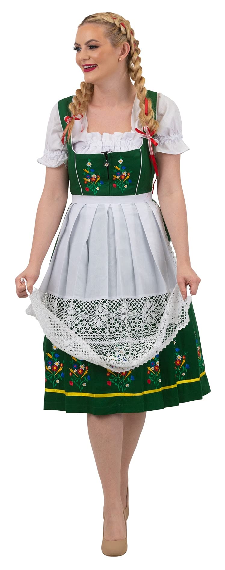 Authentic German Dirndl Dress 3-Piece Set - Long Midi Green Embroidered Oktoberfest Costume with Lace Apron & Crop Top | Traditional Bavarian Outfit for Oktoberfest, Beer Festival & Cultural Events