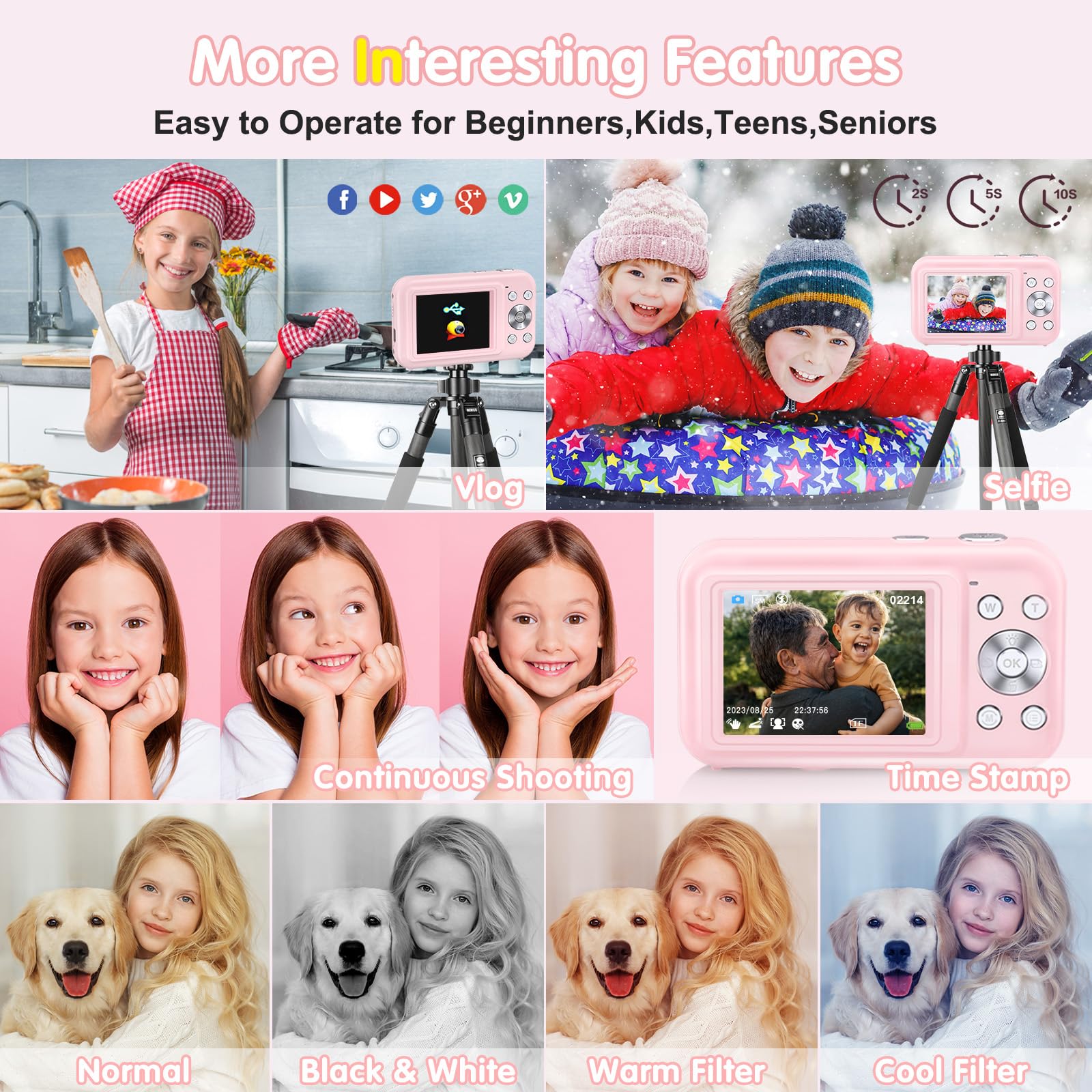 44MP Kids Digital Camera with 1080P FHD Video, 16X Zoom & Anti-Shake - 32GB Memory Card Included | Perfect Gift for Teens, Boys & Girls | Compact Point and Shoot Camera with Fill Flash (Pink) | Great for Birthday Gifts, Travel Photography & First-Time Photographers