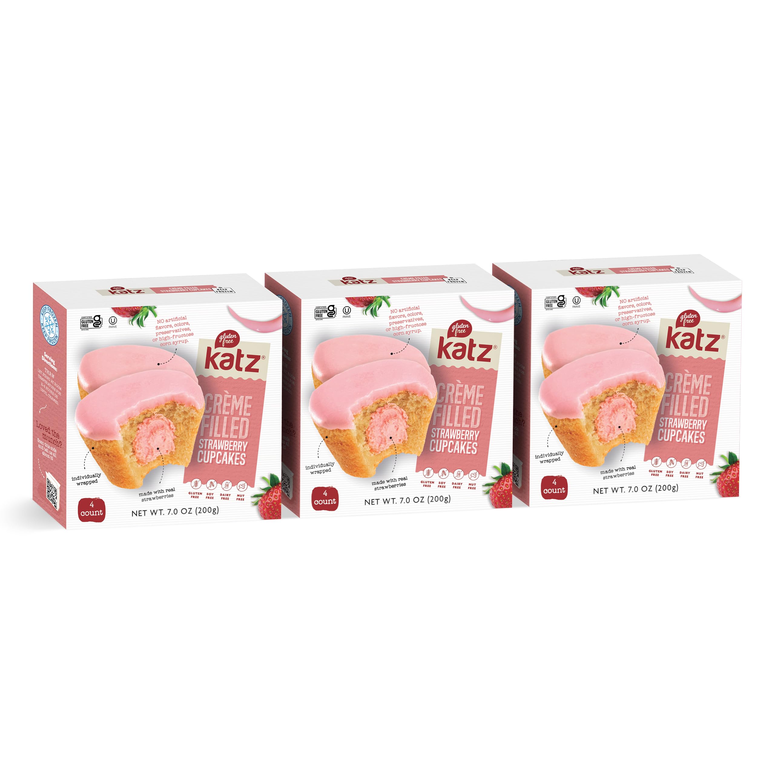 Katz Gluten Free Strawberry Creme Filled Cupcakes - Dairy Free, Nut Free, Soy Free, Kosher Certified (3 Pack of 4 Cupcakes, 7 oz each) - Perfect for School Lunches, Birthday Parties & Allergy-Friendly Desserts