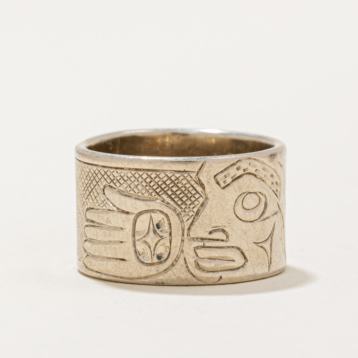 14K White Gold Indigenous Art Ring - Handcrafted Native American Jewelry, Size 4.75 - Perfect for Weddings, Anniversaries & Cultural Celebrations