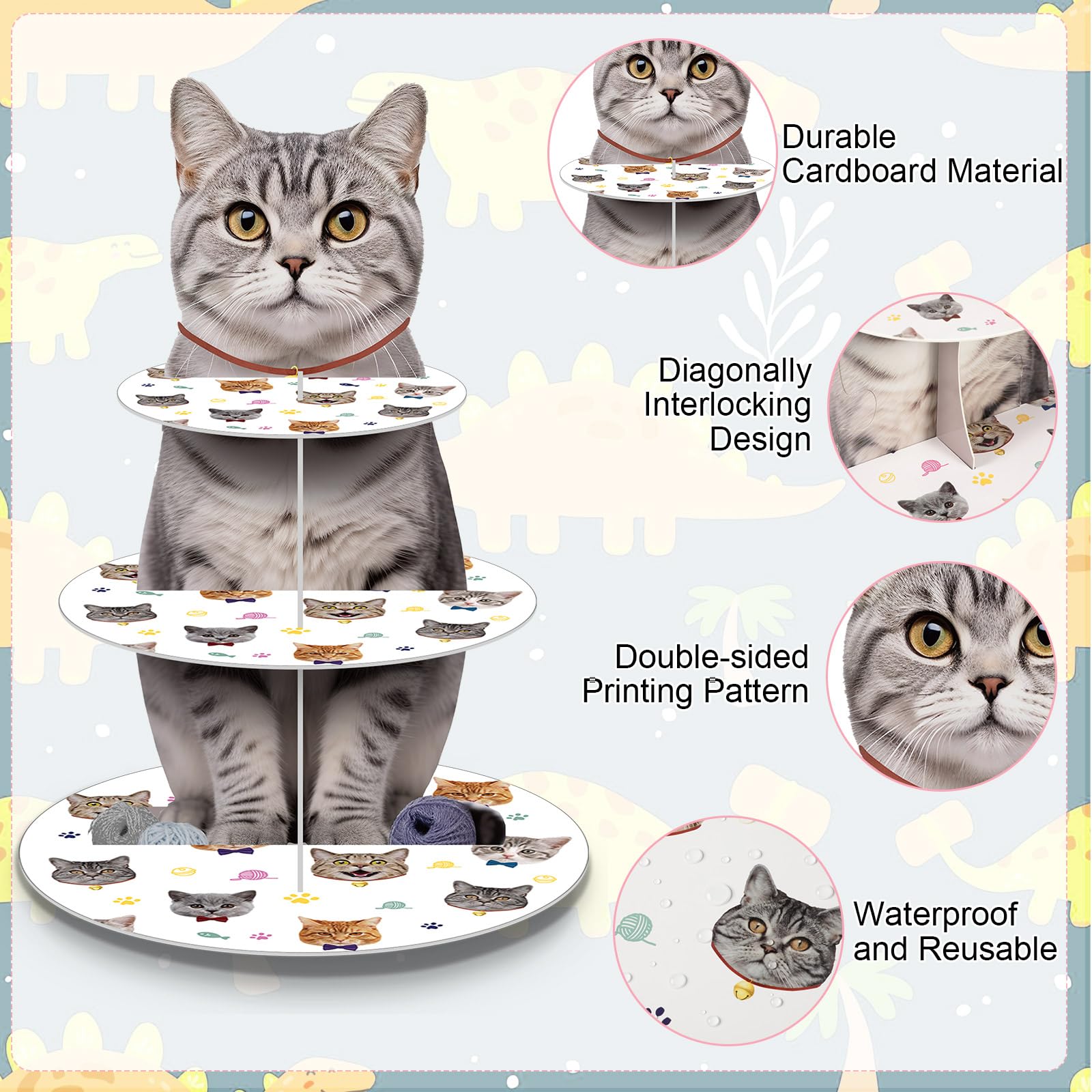 Pasimy 3-Tier Cat Cupcake Stand - Kitten Theme Birthday Party Decorations, Cardboard Dessert Holder for Pet Lovers - Perfect for Cat Birthday Parties, Baby Showers & Themed Events
