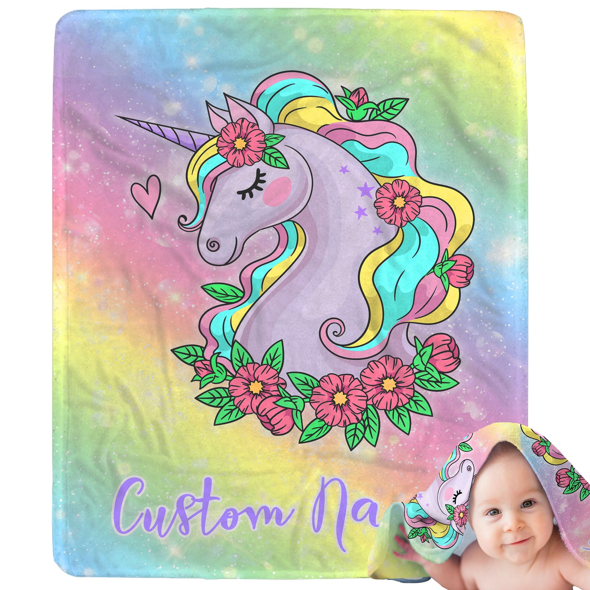 YESCUSTOM Personalized Unicorn Fleece Throw Blanket - Custom Name Blanket for Girls & Boys, Soft Minky Bed Blanket for Baby & Kids - Perfect for Nursery, Bedroom Decor & Cozy Gift