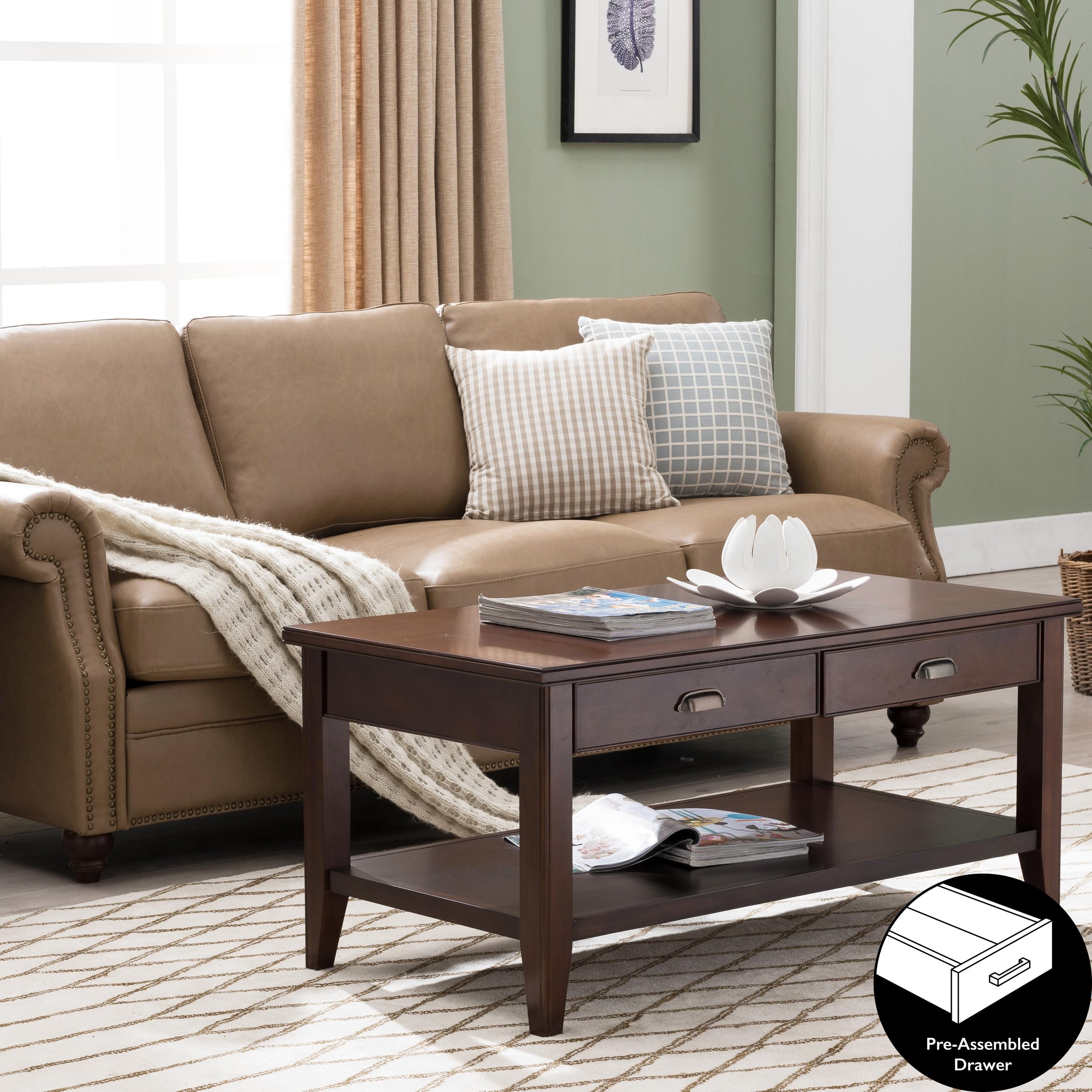 Leick Home 10504 Laurent 2-Drawer Coffee Table with Shelf in Chocolate Cherry Finish - Modern Living Room Furniture for Small Spaces & Home Decor