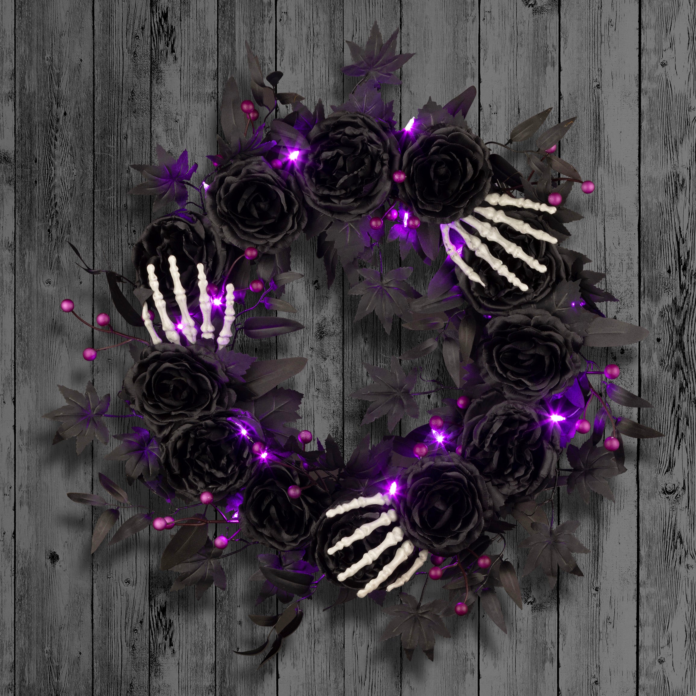 24 Inch Halloween Bad to the Bone Wreath with LED Lights - Spooky Front Door Decor for Halloween Party & Home Decoration