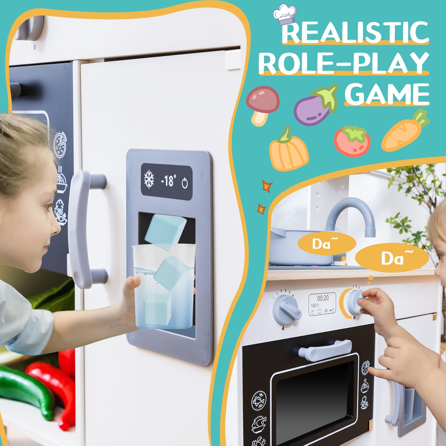 **Deli Kids Wooden Play Kitchen Set for Toddlers - Realistic Lights & Sounds, Stove, Oven, Ice Maker, Sink & Faucet - Pretend Cooking Toy for Imaginative Play & Role-Playing Fun**
