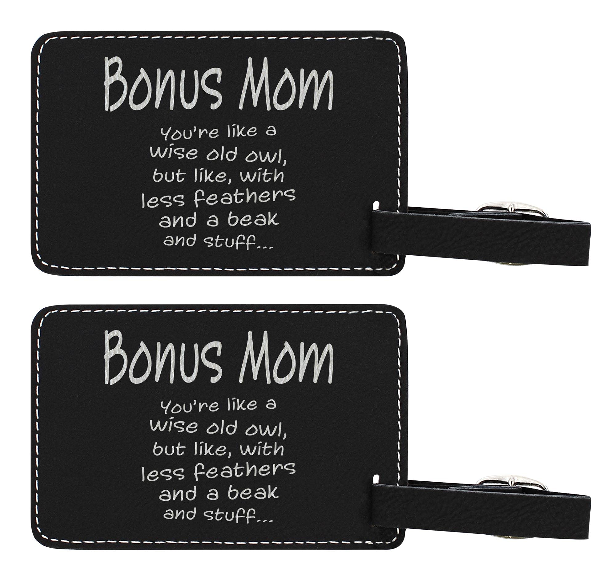 2-Pack Laser Engraved Leatherette Luggage Tags - Wise Old Owl Design - Perfect Gift for Step-Mom | Travel Accessories for Women, Mothers Day Present, Vacation Essentials