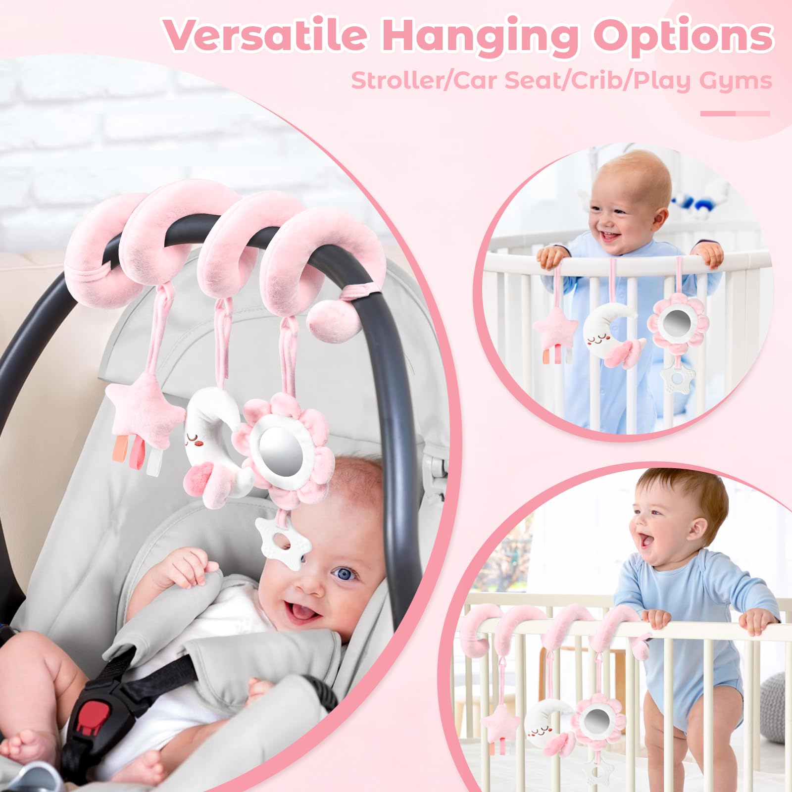Spiral Baby Car Seat Toy with Mirror & Rattles - Newborn Gift for 0-12 Months - Perfect for Strollers & Cribs