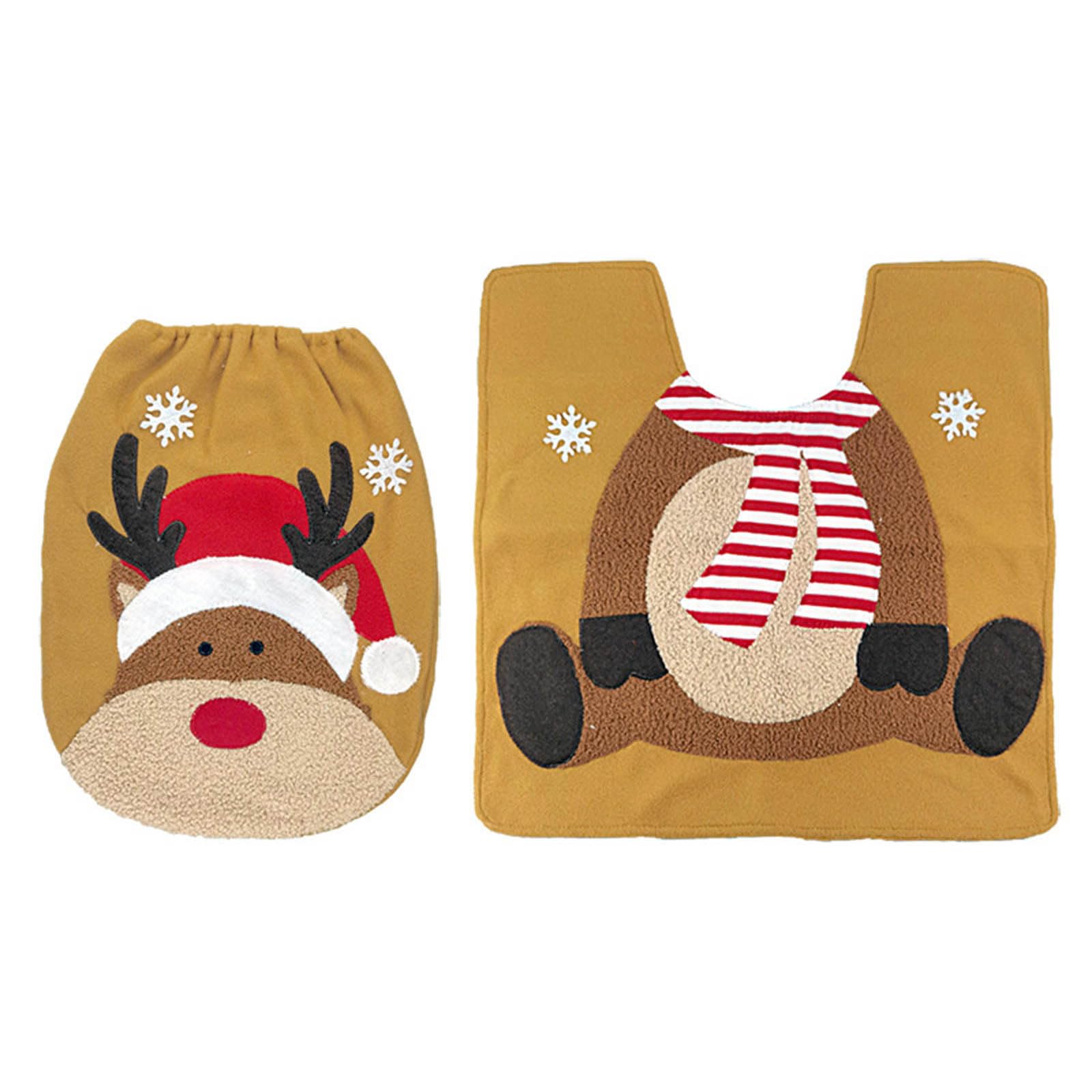 Christmas Toilet Seat Cover and Bath Mat Set - Santa Snowman Elk Pattern Non-Slip Bathroom Rug for Holiday Home Decor (Perfect for Christmas Bathroom Decorations & Festive Home Accessories)